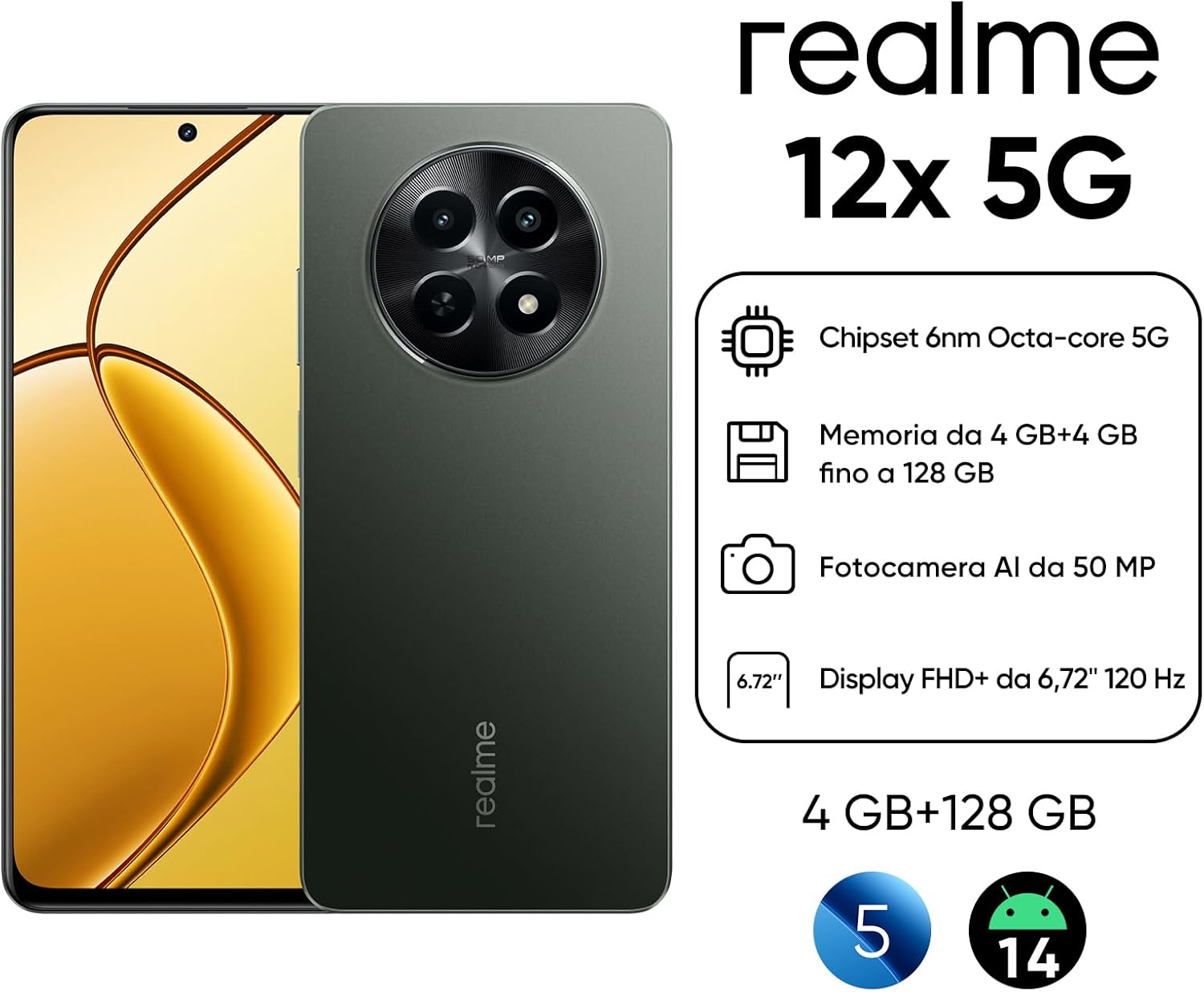 Realme 12x 5G Smartphone 4+128 GB, Nero - immagine 2