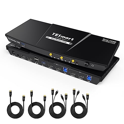 TESmart USB 3.0 HDMI KVM Switch Dual Monitor 4K@60Hz, 2 PC 2 Monitor Switch, EDID Emulator, Audio Microfono, USB per Tastiera Mouse Scanner Stampante, HDCP 2.2, 2 In 2 Out Hotkey, 4 Cavi