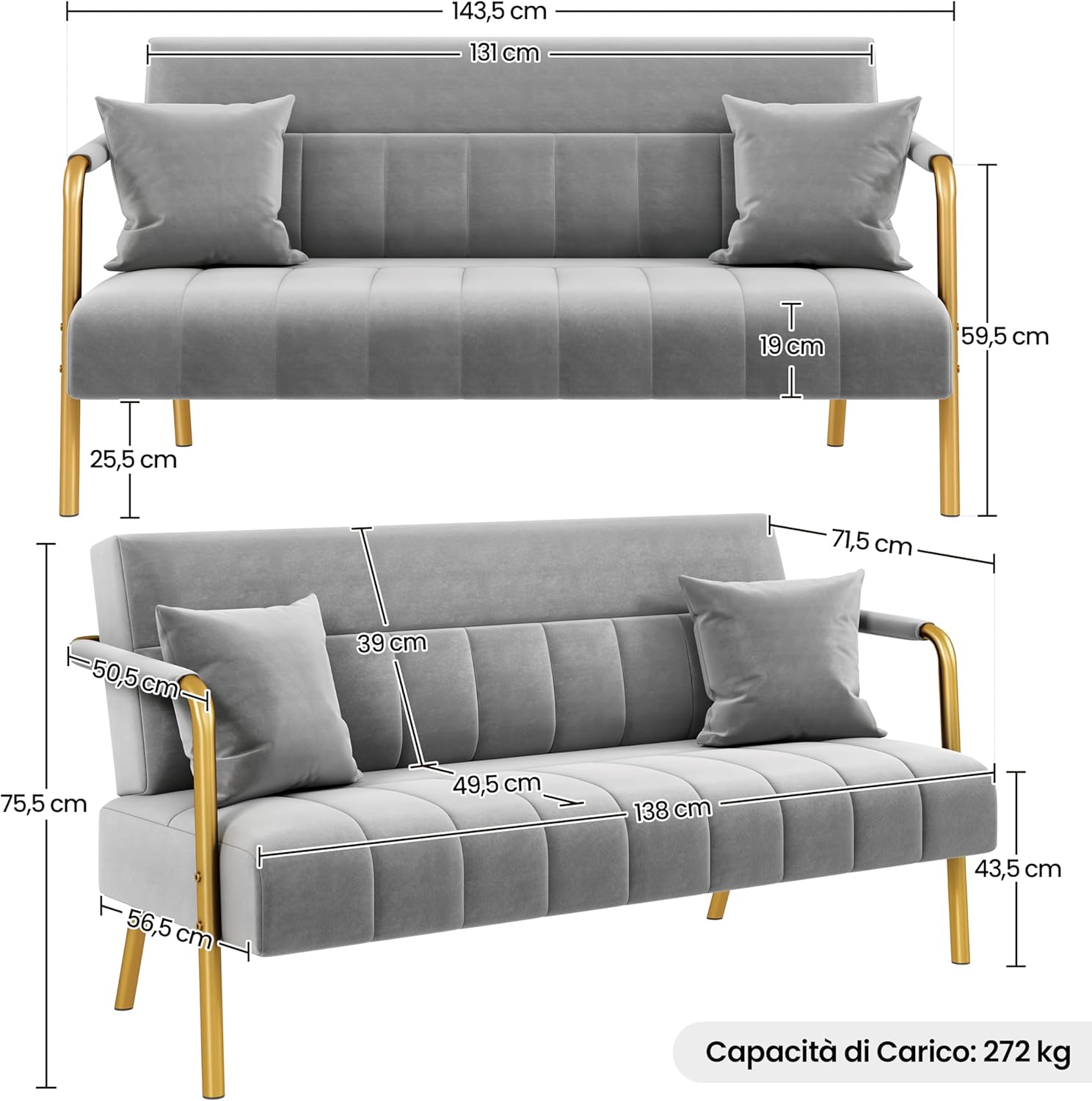 Yaheetech Divano Imbottito 2 Posti in Velluto, Grigio Chiaro - immagine 3