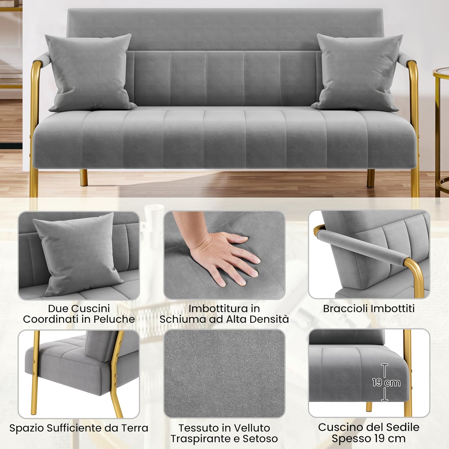 Yaheetech Divano Imbottito 2 Posti in Velluto, Grigio Chiaro - immagine 4