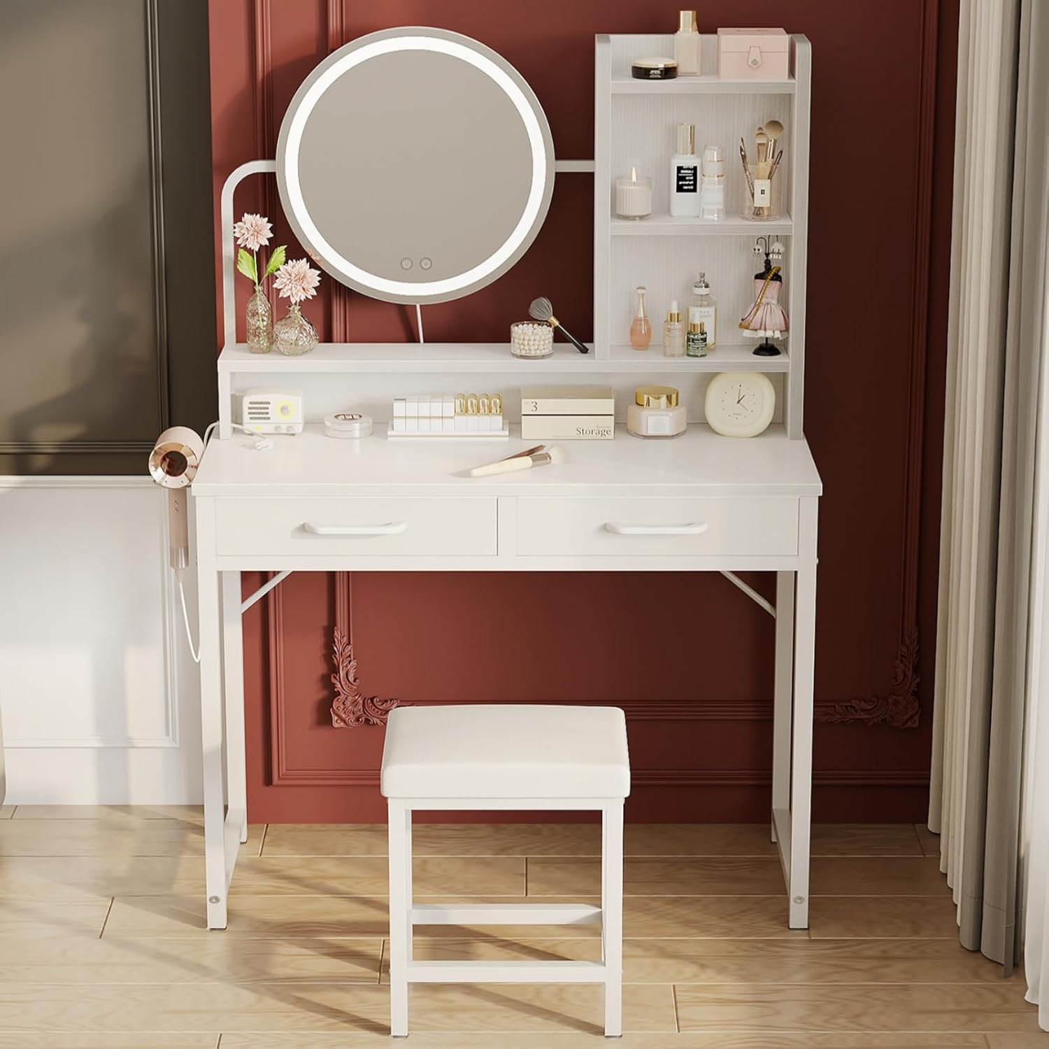 Odk Tavolo da Trucco LED con Specchio e 8 Cassetti, Bianco