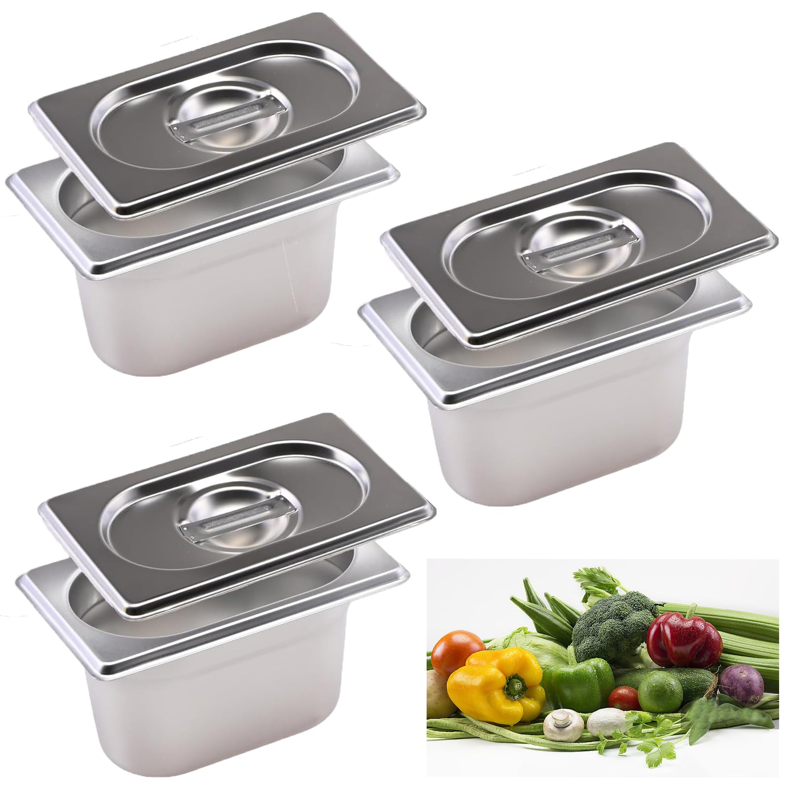 3 padelle Gastronorm in acciaio inox 1/9 con coperchio, contenitori per alimenti in acciaio inox, profondità 100 mm, 175 mm x 110 mm x 100 mm