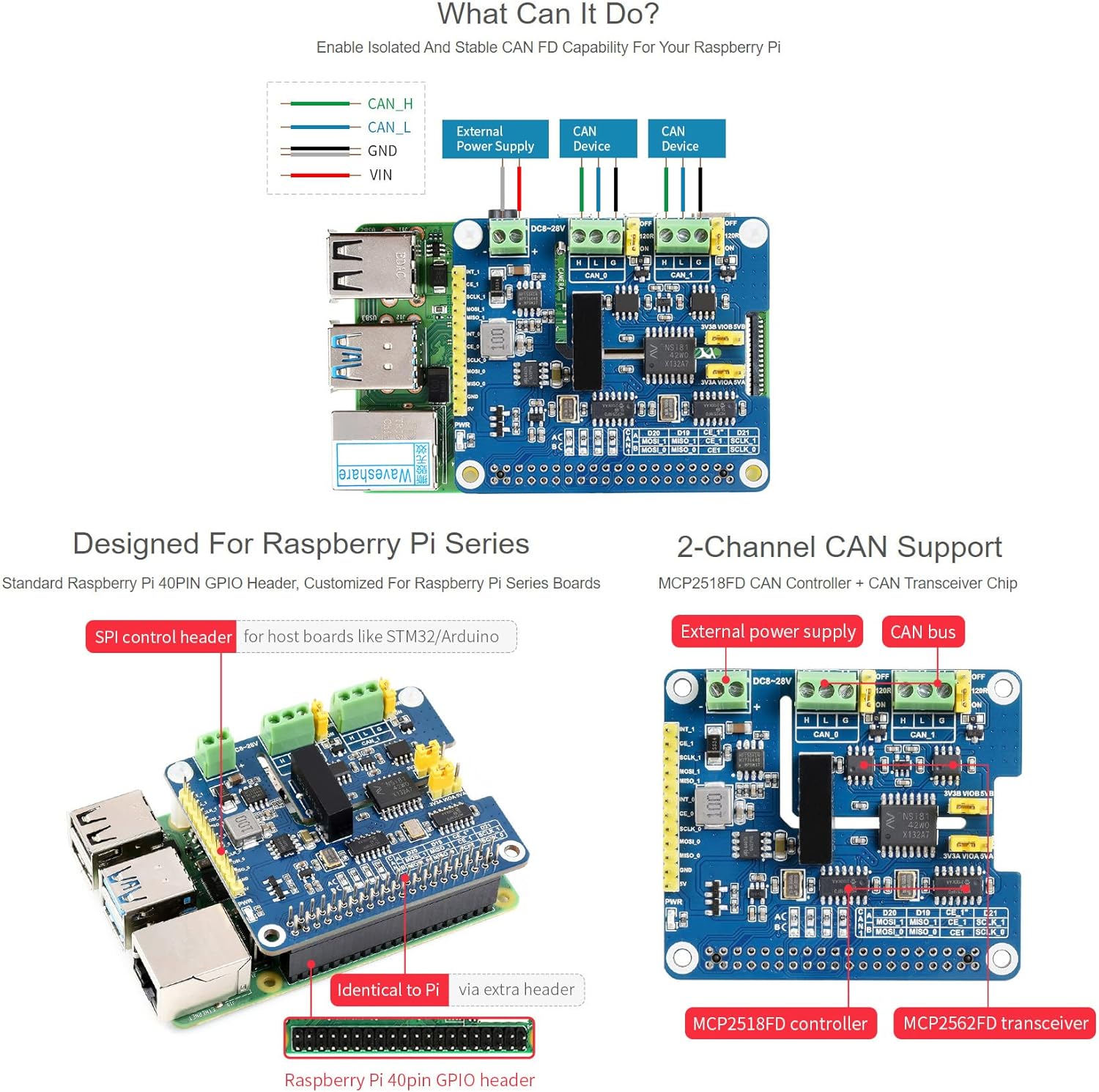 Waveshare 2 Channel CAN FD Expansion HAT per Raspberry Pi - immagine 4