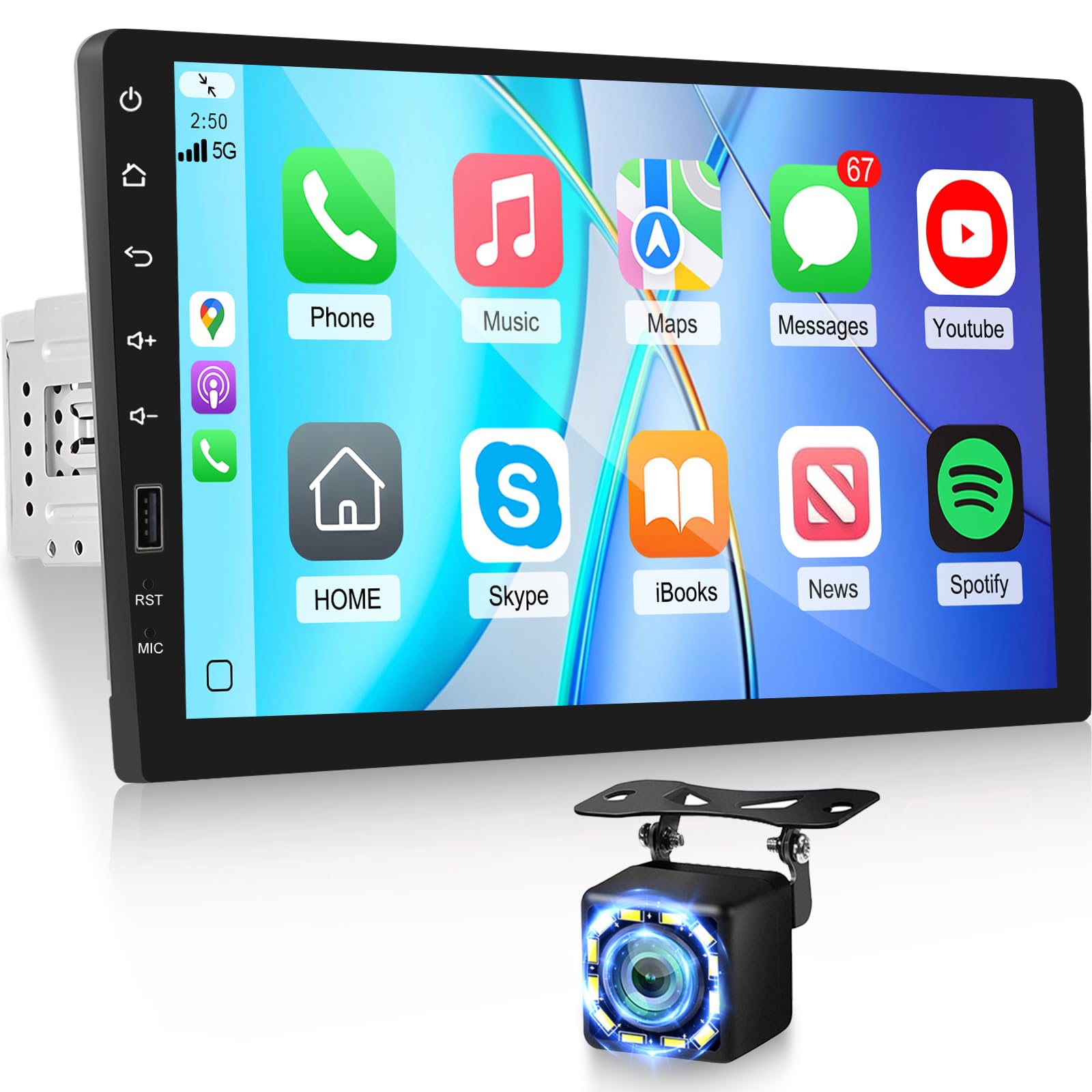 NHOPEEW Autoradio 1 Din Con Touch 6,9" – Carplay E Android Auto Wireless, FM, Telecamera Posteriore E Comandi Al Volante