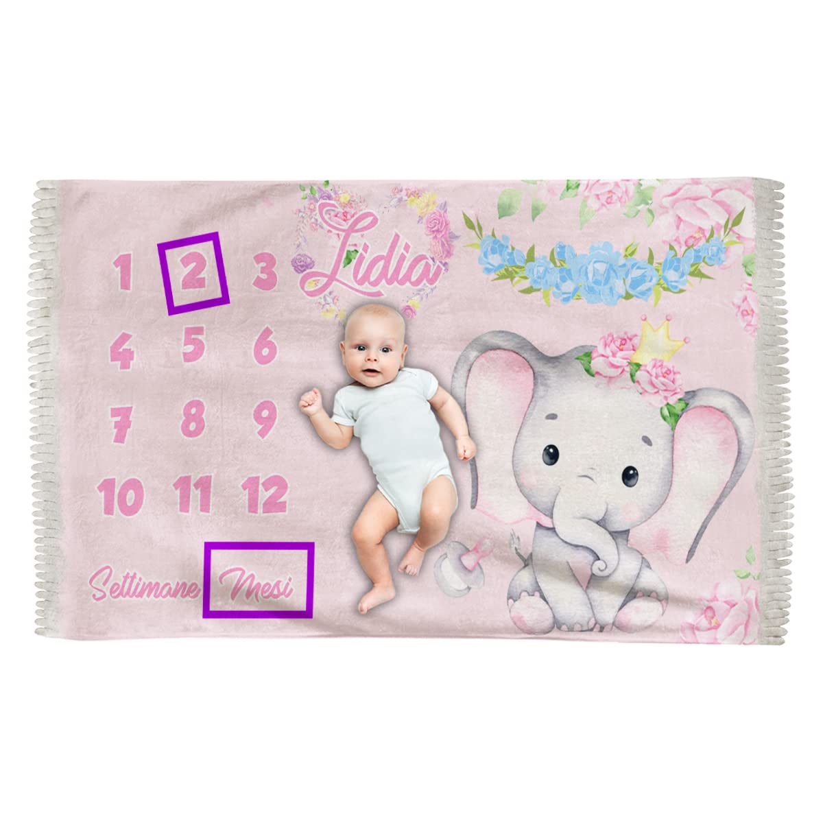 Copertina complimese neonata 1-12 personalizzabile con nome, 150x100 cm in pile, stampa ad alta definizione, kit riquadri incluso, idea regalo nascita