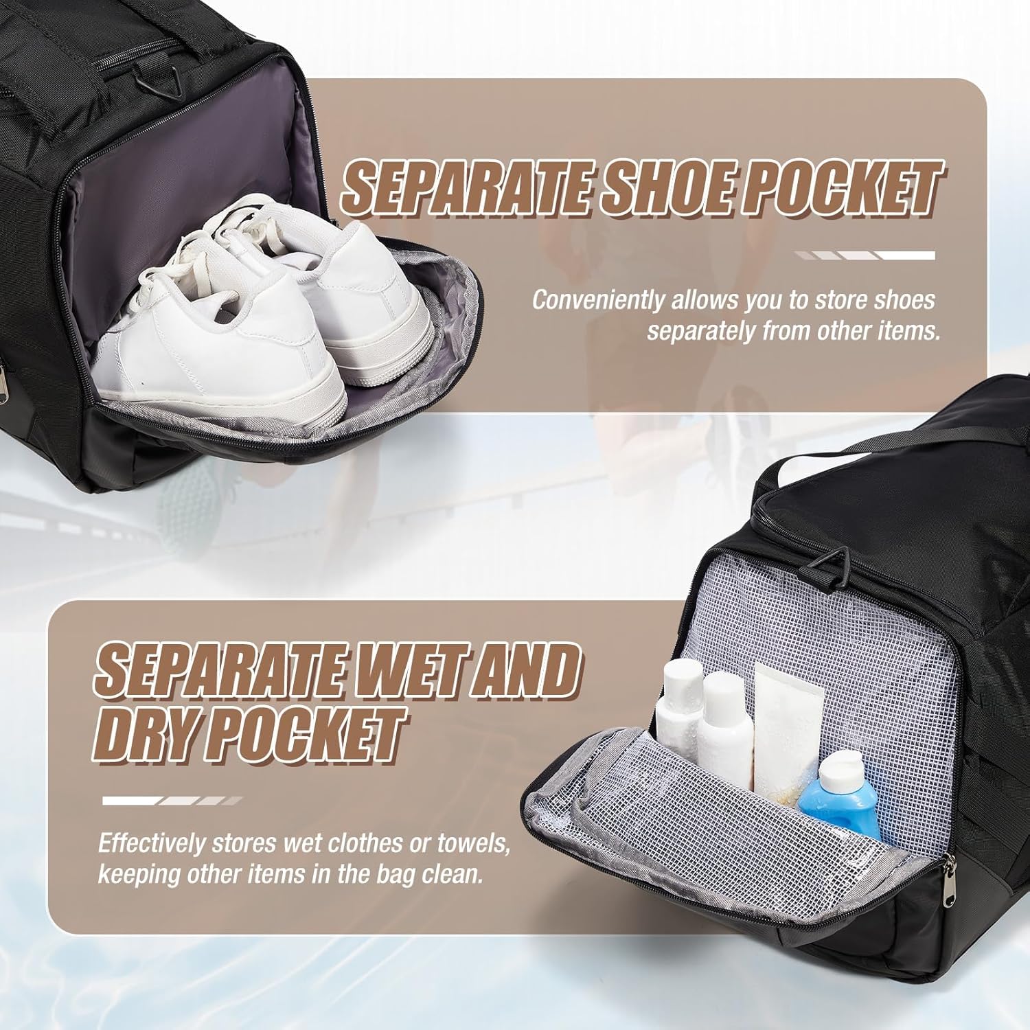 HYC00 Borsone Palestra Uomo Donna con Scomparto Scarpe, Nero - immagine 3