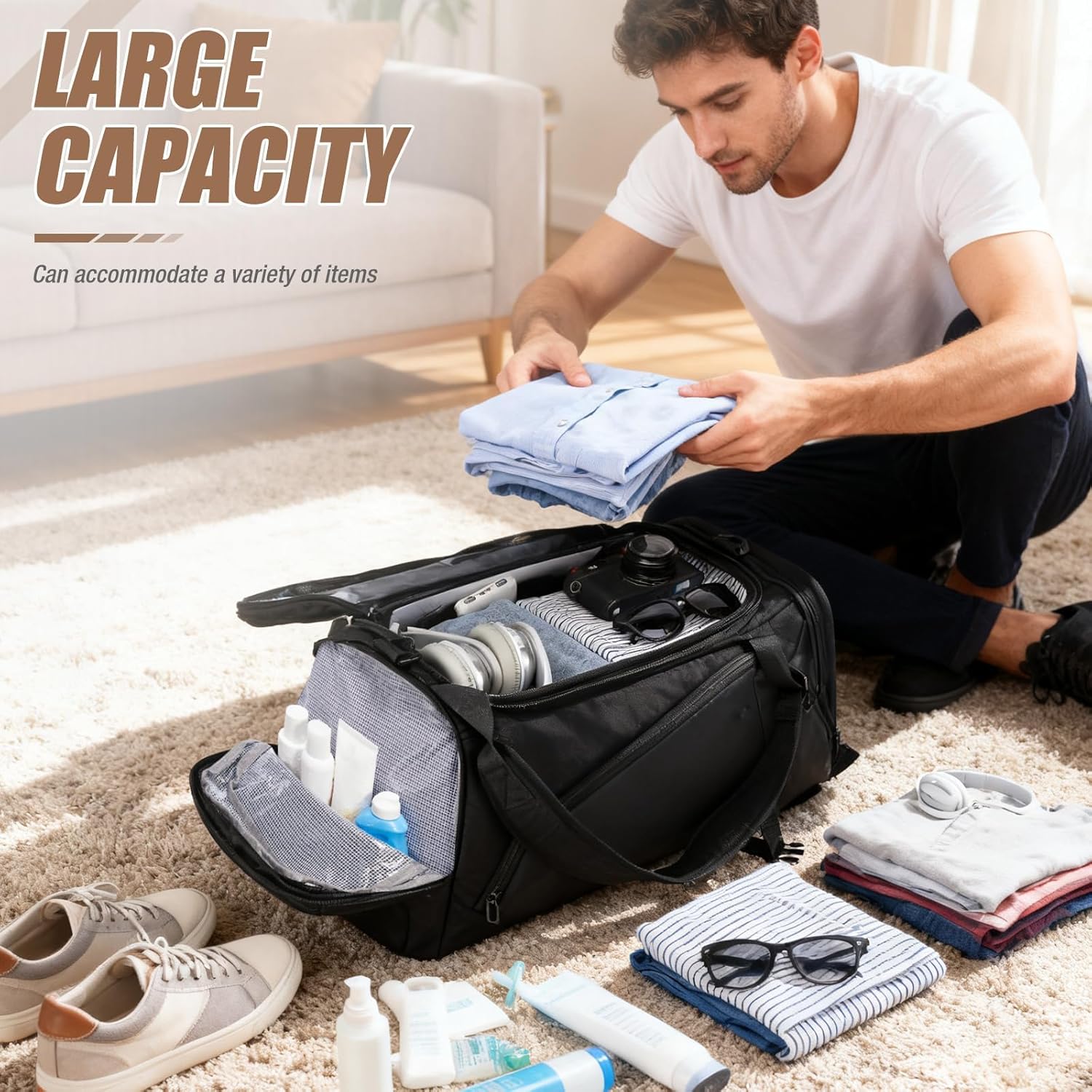 HYC00 Borsone Palestra Uomo Donna con Scomparto Scarpe, Nero - immagine 4