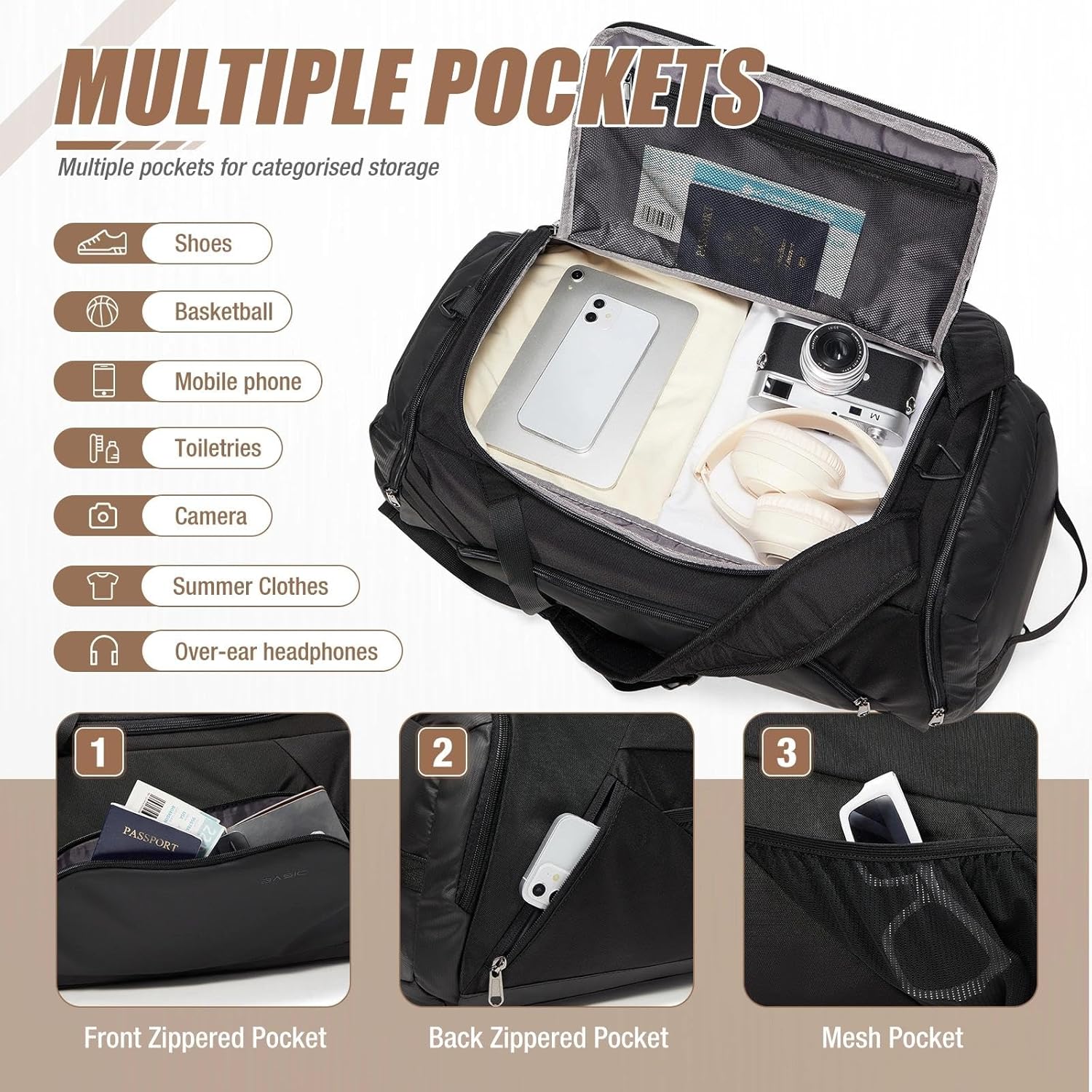 HYC00 Borsone Palestra Uomo Donna con Scomparto Scarpe, Nero - immagine 5