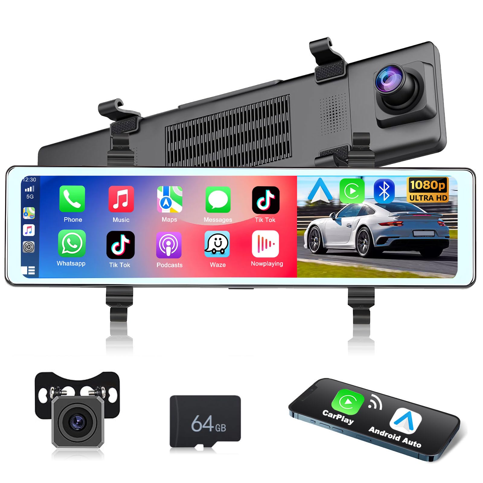 Podofo Telecamera per Auto con Wireless Carplay 11.26"