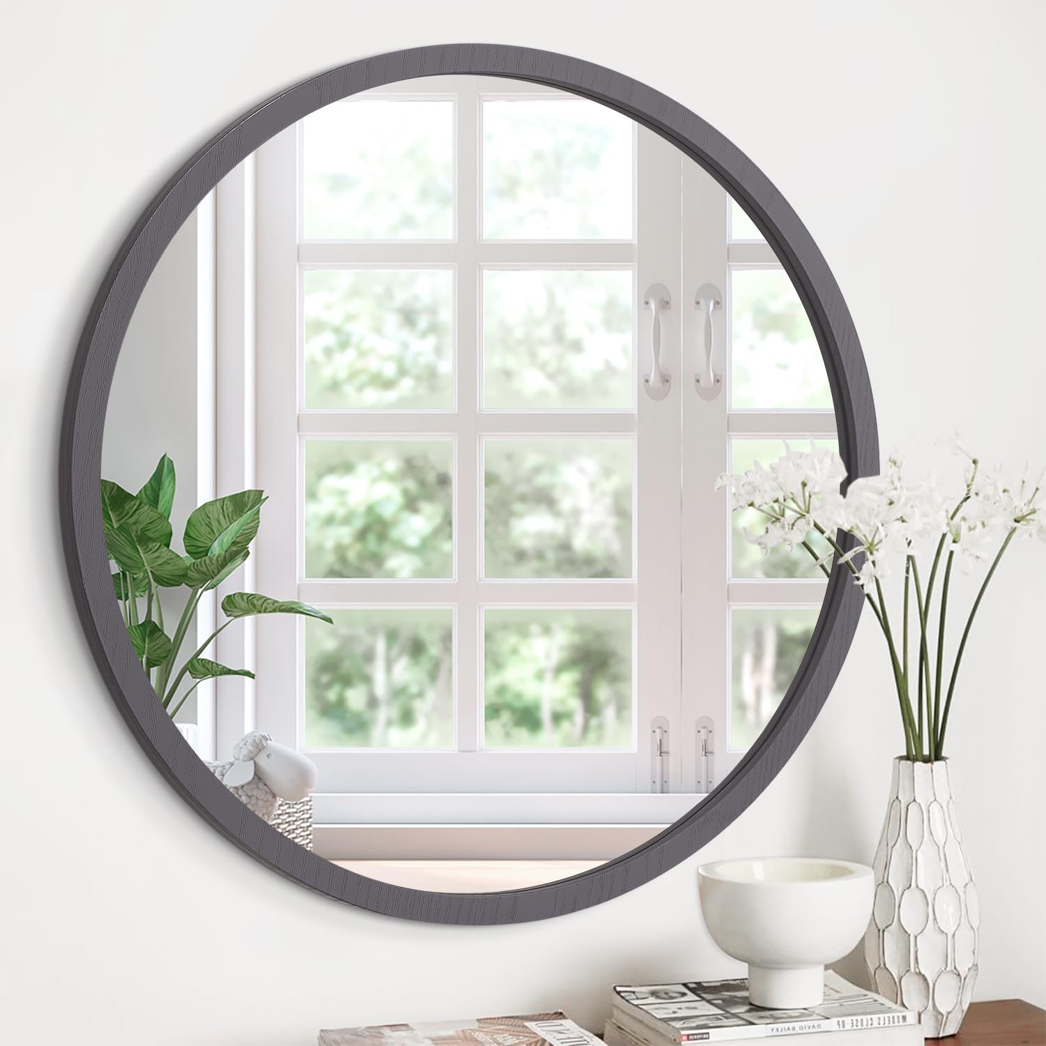 Jjuuyou Specchio Rotondo da Parete con Cornice in Legno, Grigio