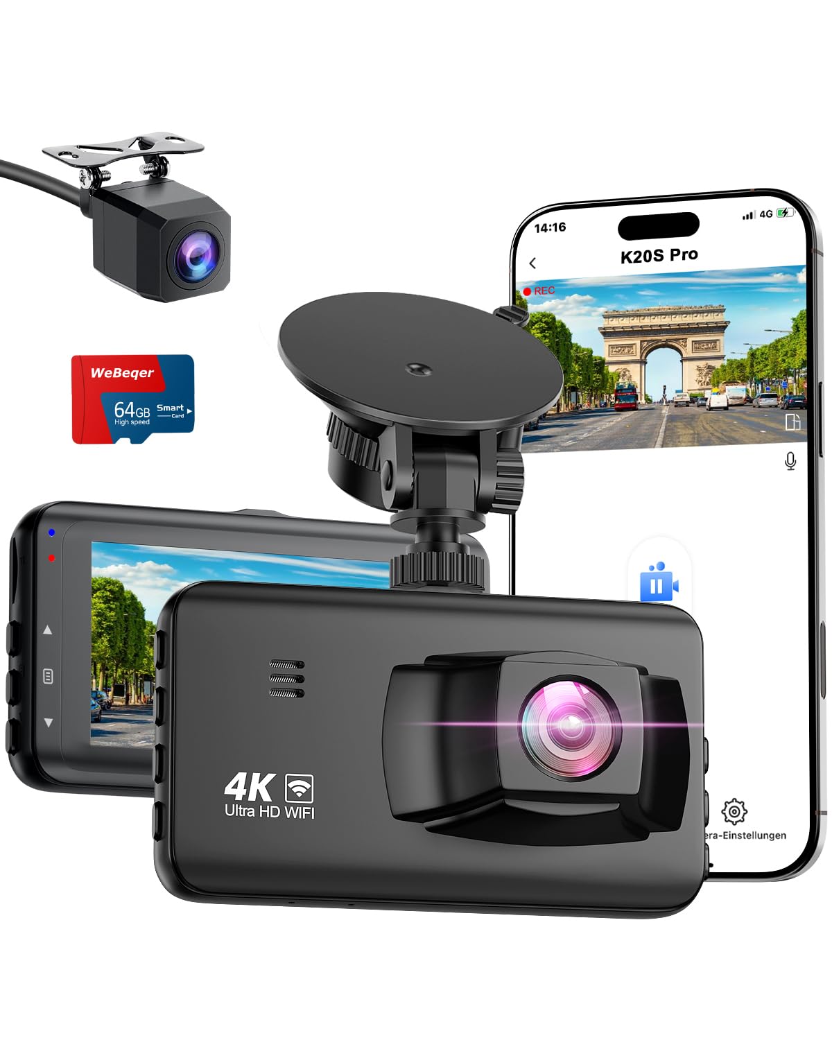 Dash Cam Auto 4K UHD+1080P Doppia con WiFi
