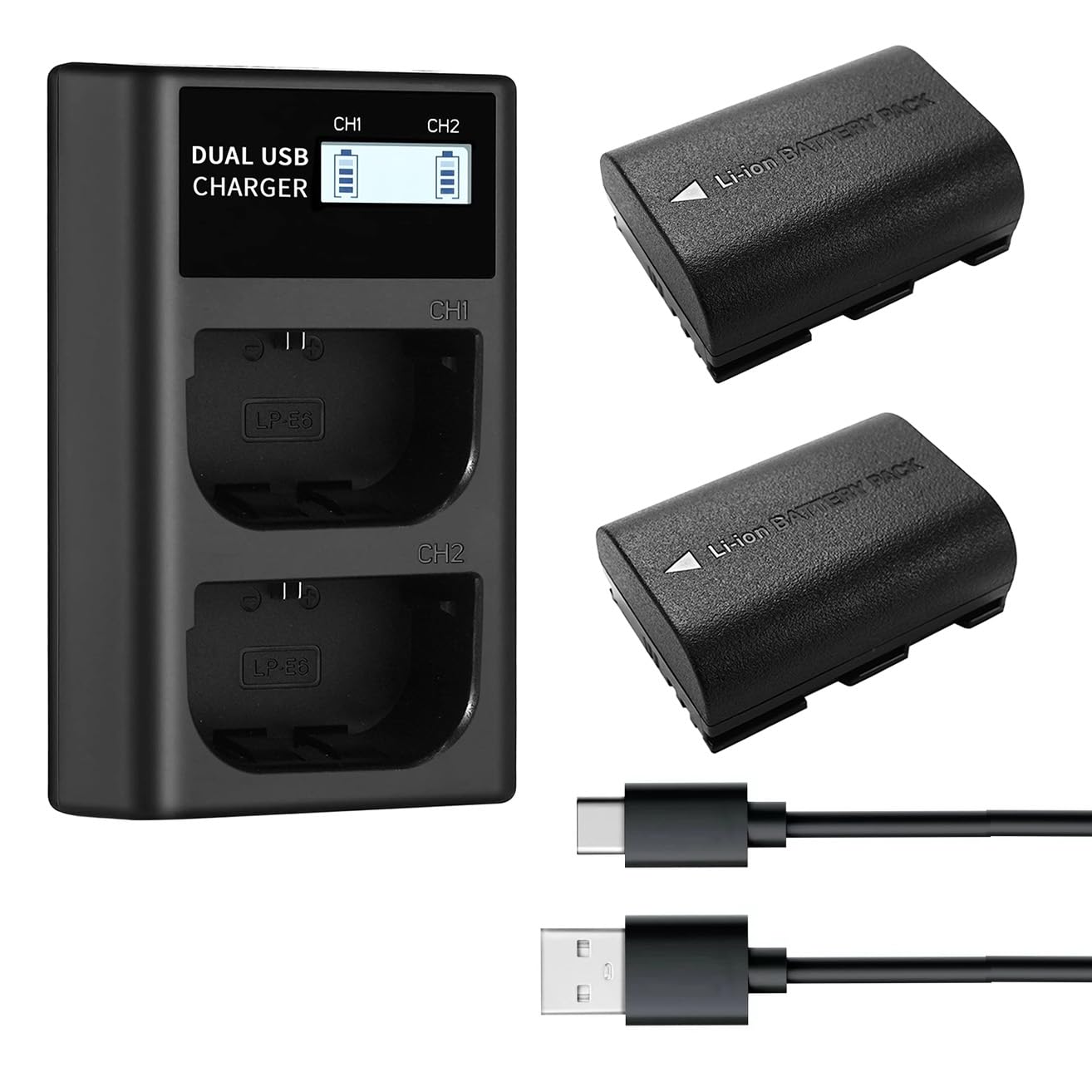 QUMOX Set batteria sostitutiva LP-E6NH e caricabatterie USB, confezione da 2 pezzi da 2250 mAh per batteria LP-E6 LP-E6NH, doppio slot compatibile con Canon EOS R7 R5 R6 R6 II R,5DIV,6DII,7DII,80D,90D