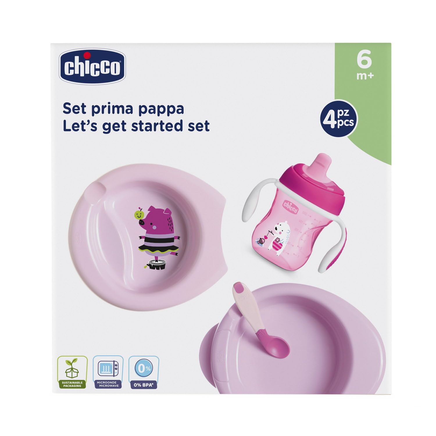 Chicco Set Pappa Training Cup, Cucchiaio, Piatto Calda, Rosa