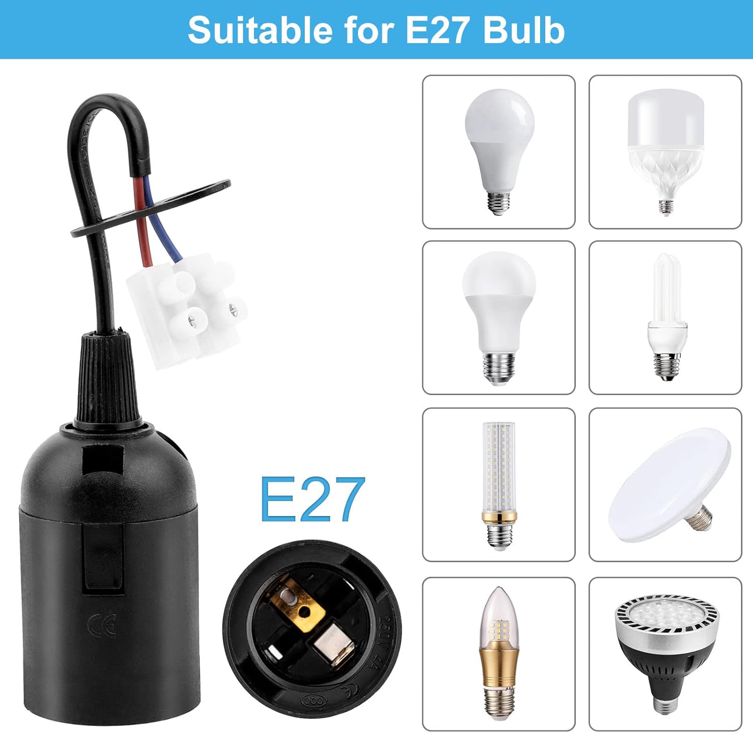 10 Pezzi Portalampada E27 con Cavo, Nero - immagine 3