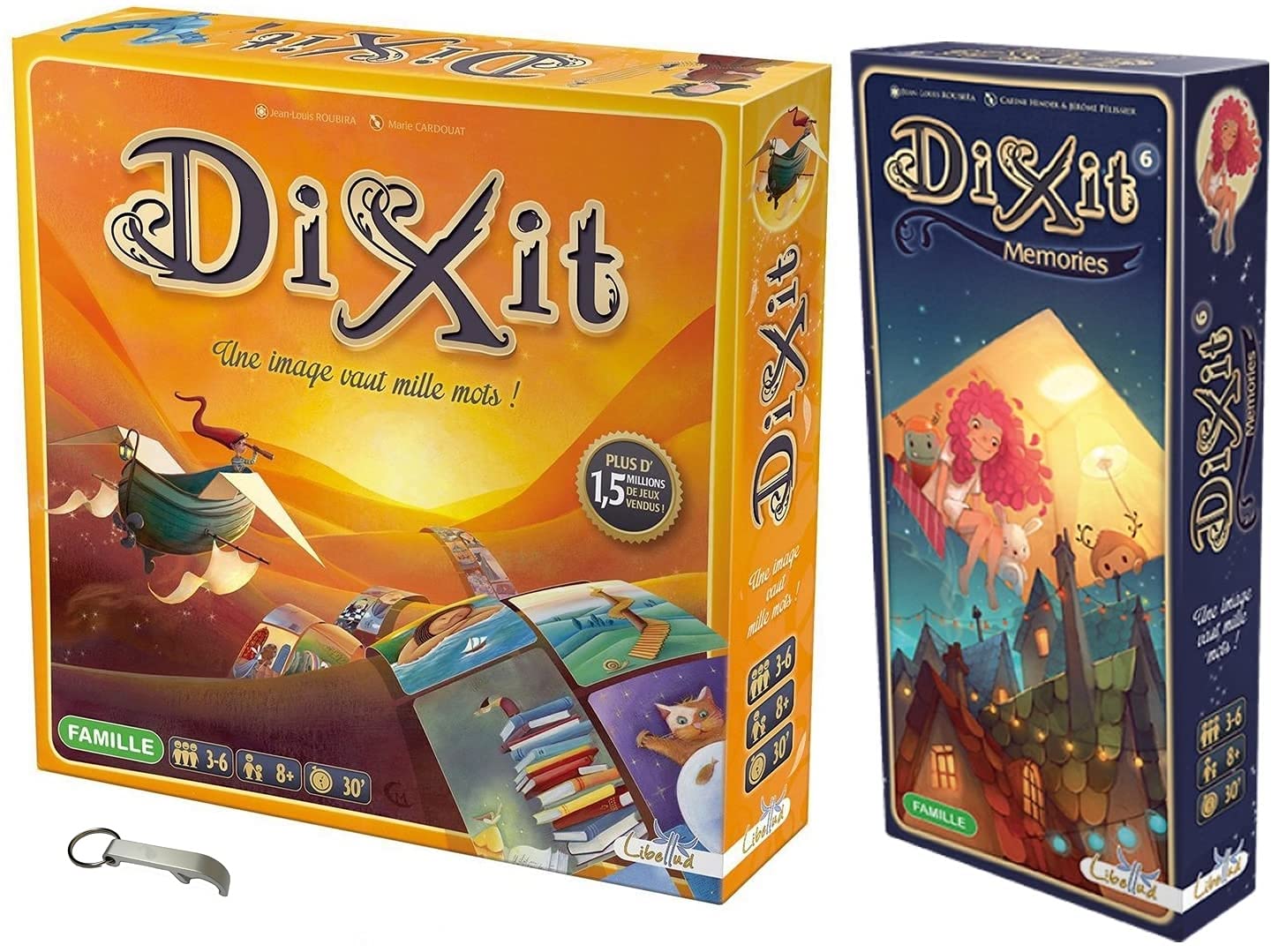 Set di 2 set Dixit - Dixit + Extension Memories + 1 apribottiglie Blumie