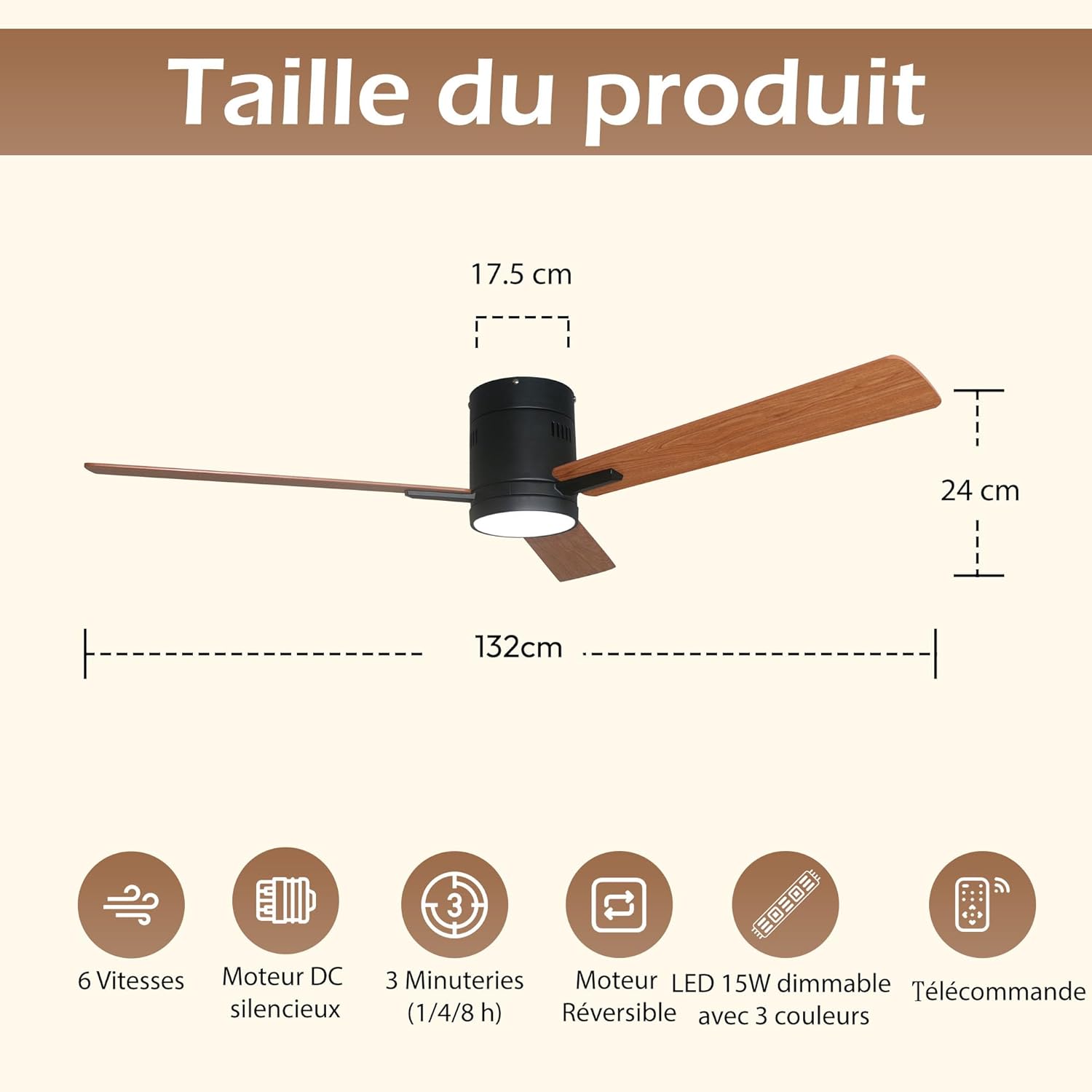 Ventilatore da Soffitto con Luce LED Ø132cm, Nero - immagine 2