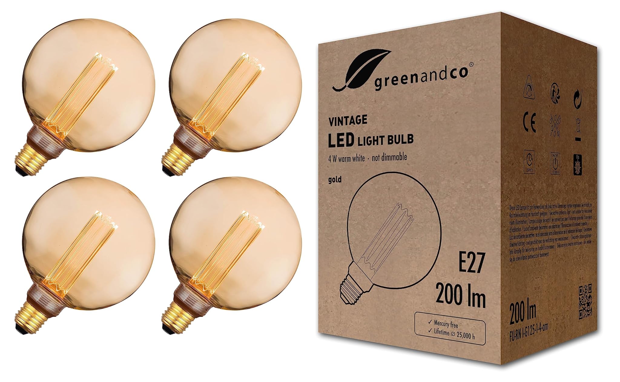 Greenandco 4x Lampadina LED Vintage E27 G125 4W