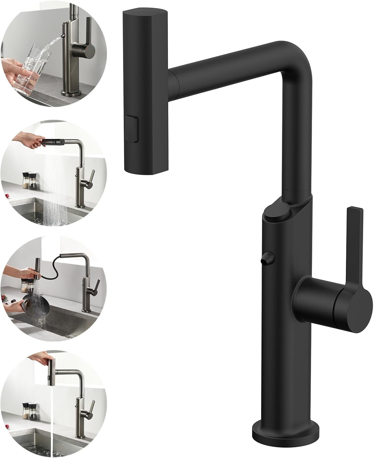 Rubinetto Cucina 3 Vie con Doccetta Estraibile, Nero