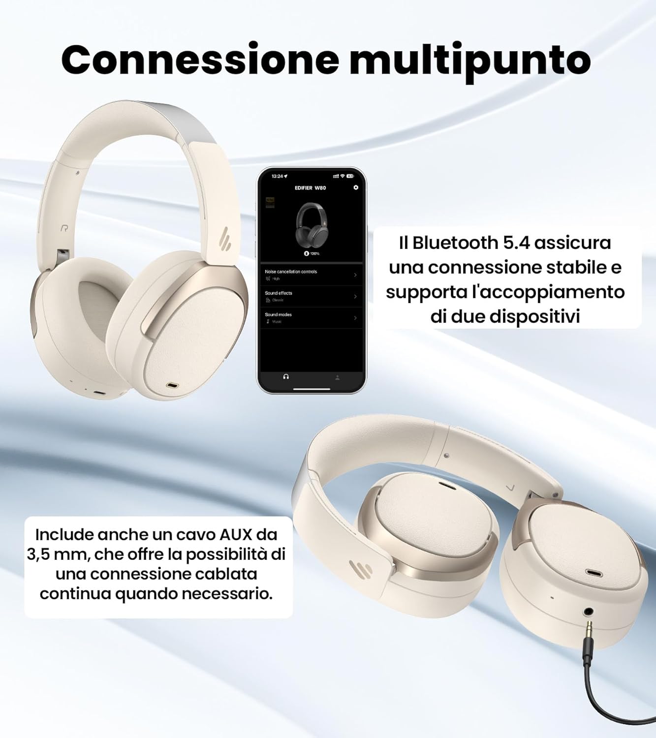 Edifier W80 Cuffie Over-Ear ANC -49 dB, Ivoire - immagine 8