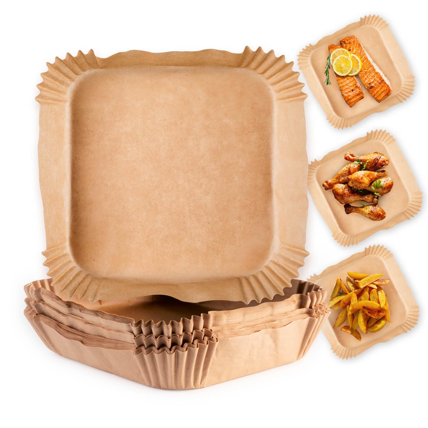 GOURMETmaxx Carta da forno per friggitrice ad aria calda da 2 a 5 litri, con rivestimento antiaderente e resistente all'olio, carta da forno Airfryer, forma flessibile, 50 pezzi, 16 x 16 x 4,5 cm