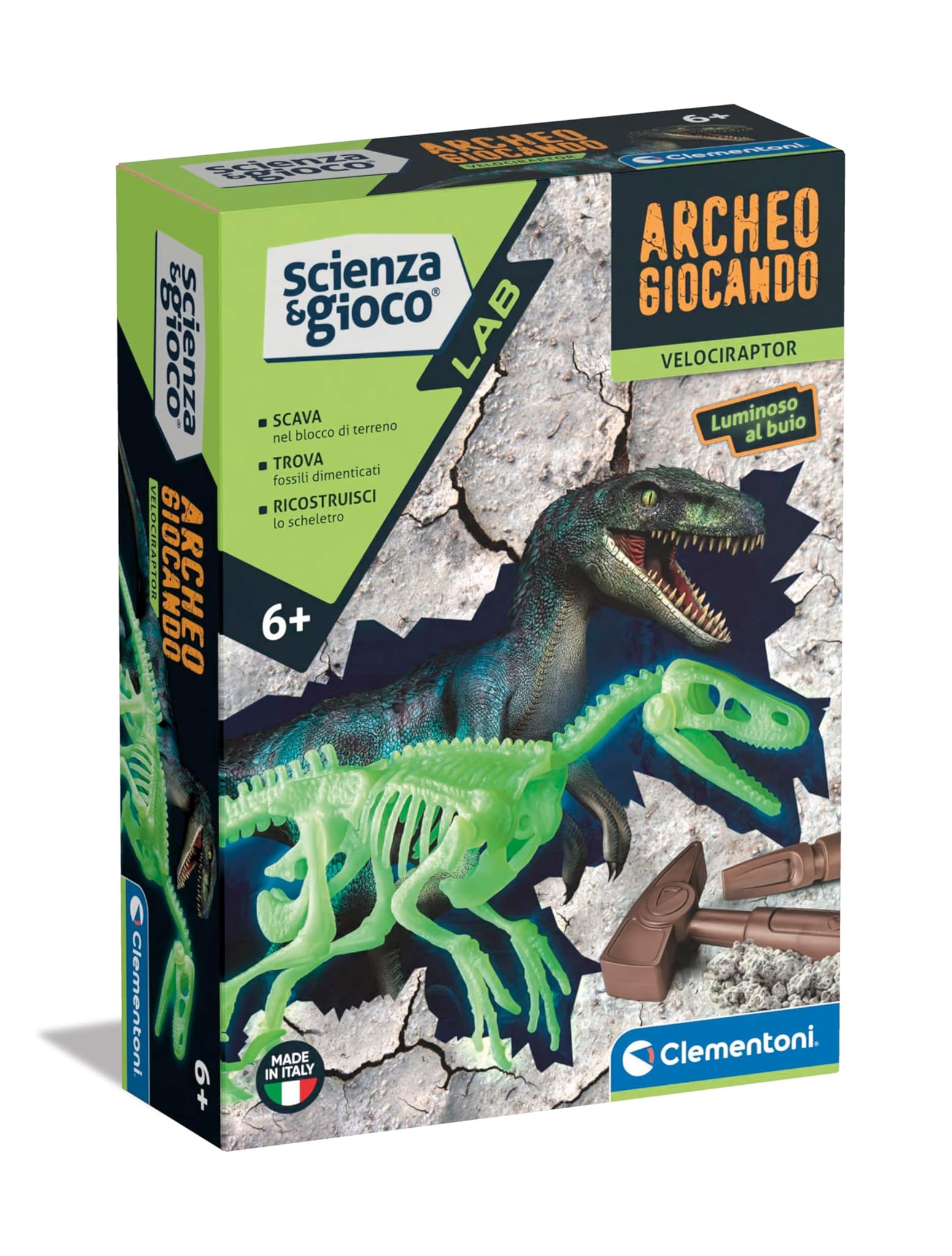 Clementoni - 19227 - Scienza E Gioco Lab - Archeogiocando Velociraptor - Dinosauri Fossili, Kit Fossili da Scavare E Assemblare, Paleontologia, Gioco Scientifico 7 Anni, in Italiano, Made in Italy