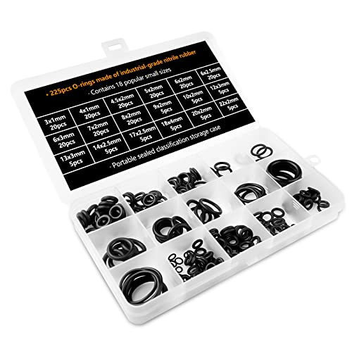 Fousenuk 225 pezzi O Ring Guarnizioni di Tenuta in Gomma, 18 Misure Assortimento Oring Anelli Kit, O-Ring Guarnizioni Nera per Idrauliche, Impianti Idraulici, Motore, Caldaia a Condensazione o Gpl