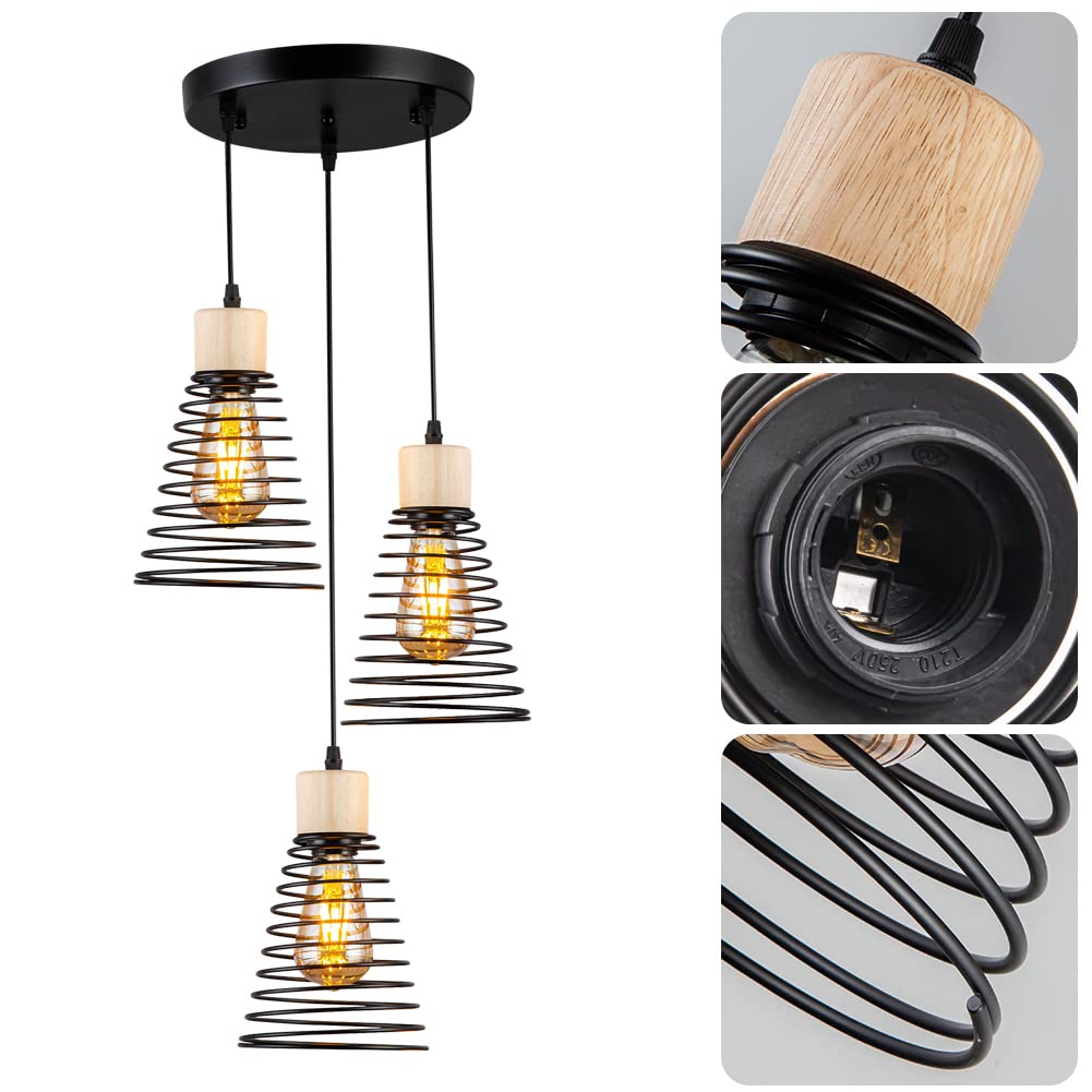 MAXDUYU Lampada a sospensione industriale a 3 luci con legno,E27 Lampada a sospensione retrò regolabile,Nero,Lampada a sospensione moderna per sala da pranzo cucina soggiorno bar ristorante
