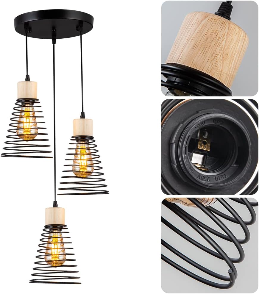 MAXDUYU Lampada a sospensione industriale a 3 luci con legno,E27 Lampada a sospensione retrò regolabile,Nero,Lampada a sospensione moderna per sala da pranzo cucina soggiorno bar ristorante - immagine 1