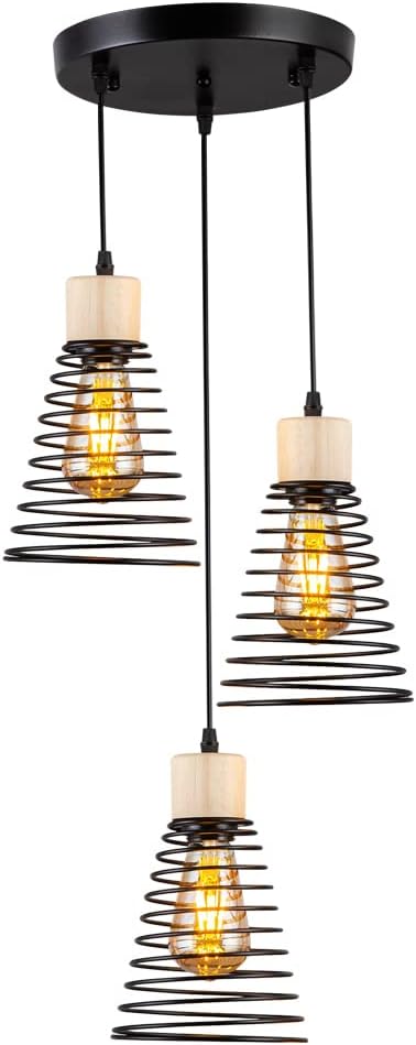 MAXDUYU Lampada a sospensione industriale a 3 luci con legno,E27 Lampada a sospensione retrò regolabile,Nero,Lampada a sospensione moderna per sala da pranzo cucina soggiorno bar ristorante - immagine 2