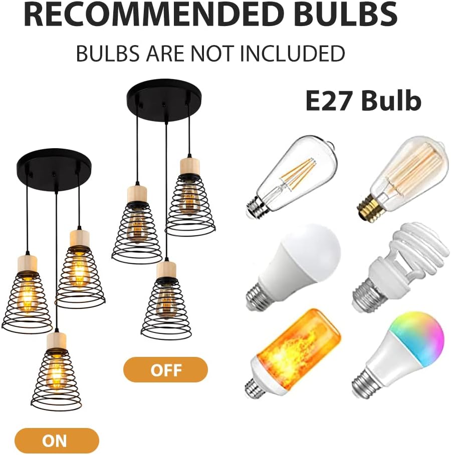 MAXDUYU Lampada a sospensione industriale a 3 luci con legno,E27 Lampada a sospensione retrò regolabile,Nero,Lampada a sospensione moderna per sala da pranzo cucina soggiorno bar ristorante - immagine 5