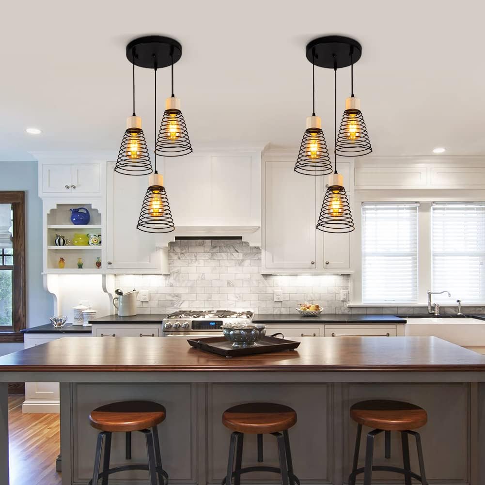 MAXDUYU Lampada a sospensione industriale a 3 luci con legno,E27 Lampada a sospensione retrò regolabile,Nero,Lampada a sospensione moderna per sala da pranzo cucina soggiorno bar ristorante - immagine 6
