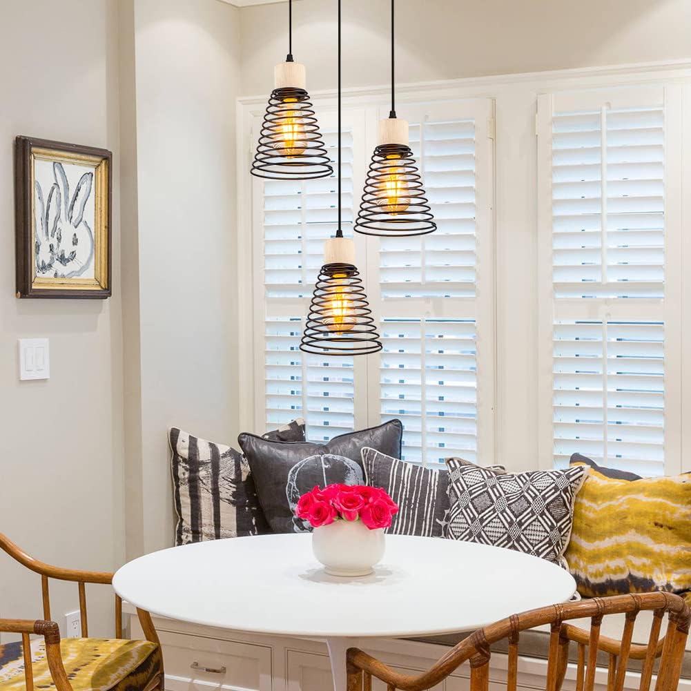 MAXDUYU Lampada a sospensione industriale a 3 luci con legno,E27 Lampada a sospensione retrò regolabile,Nero,Lampada a sospensione moderna per sala da pranzo cucina soggiorno bar ristorante - immagine 7