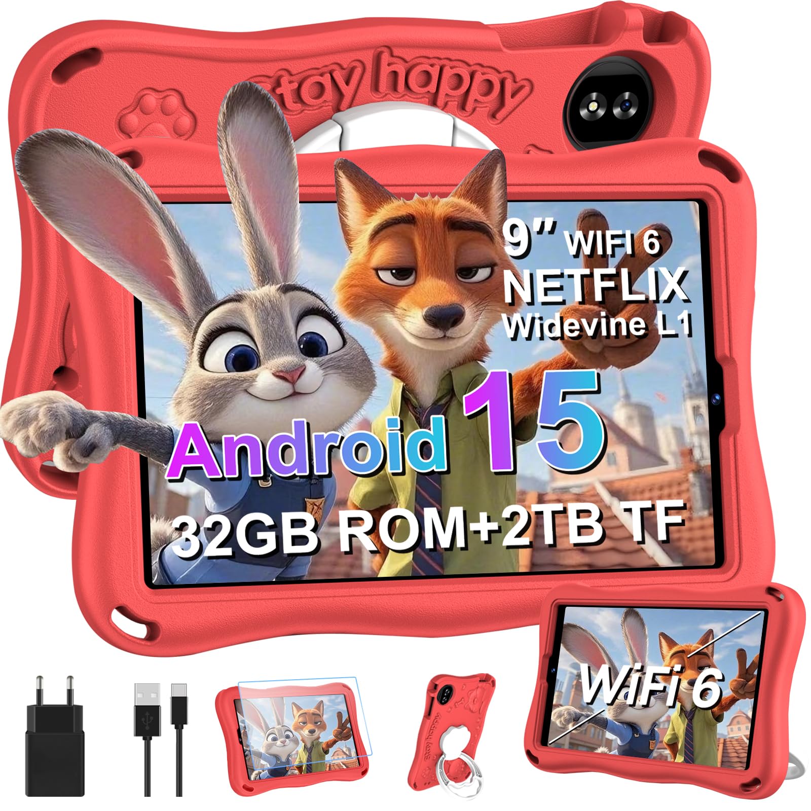 Tablet per Bambini Android 15 - 9 Pollici, Rosso