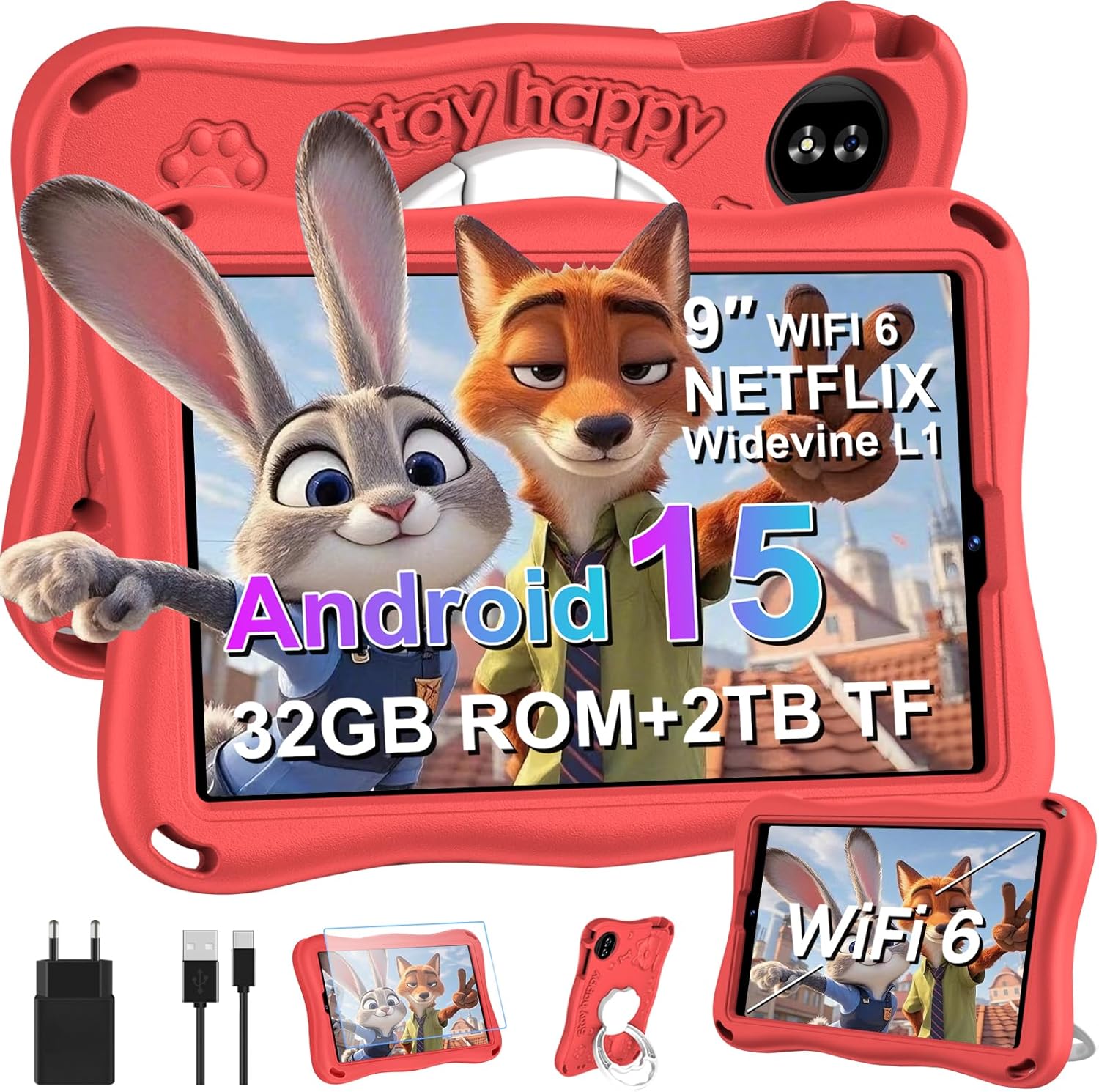 Tablet per Bambini Android 15 - 9 Pollici, Rosso - immagine 1