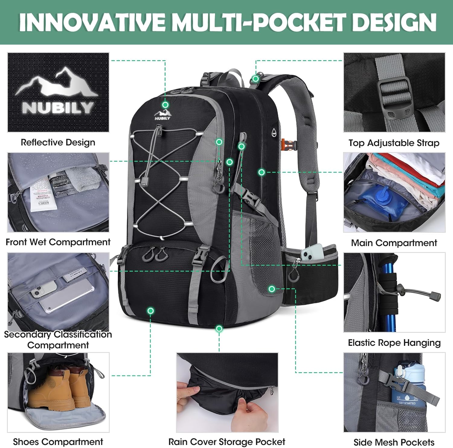 NUBILY Zaino Trekking 50L Impermeabile, Nero - immagine 3