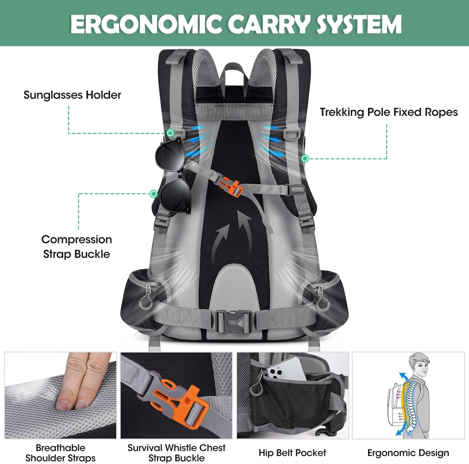 NUBILY Zaino Trekking 50L Impermeabile, Nero - immagine 4