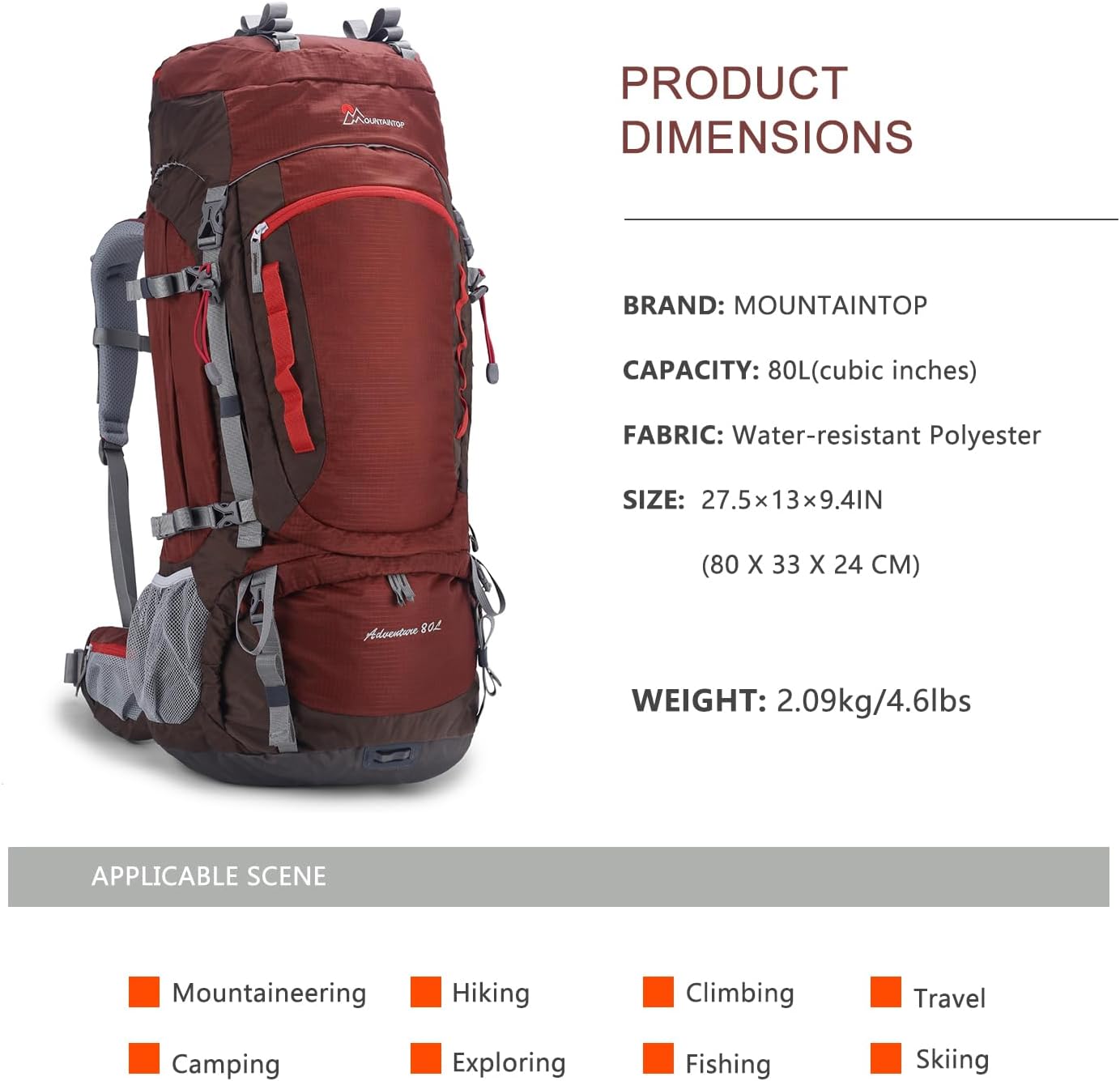 MOUNTAINTOP Zaino da Trekking 80L Impermeabile - immagine 2