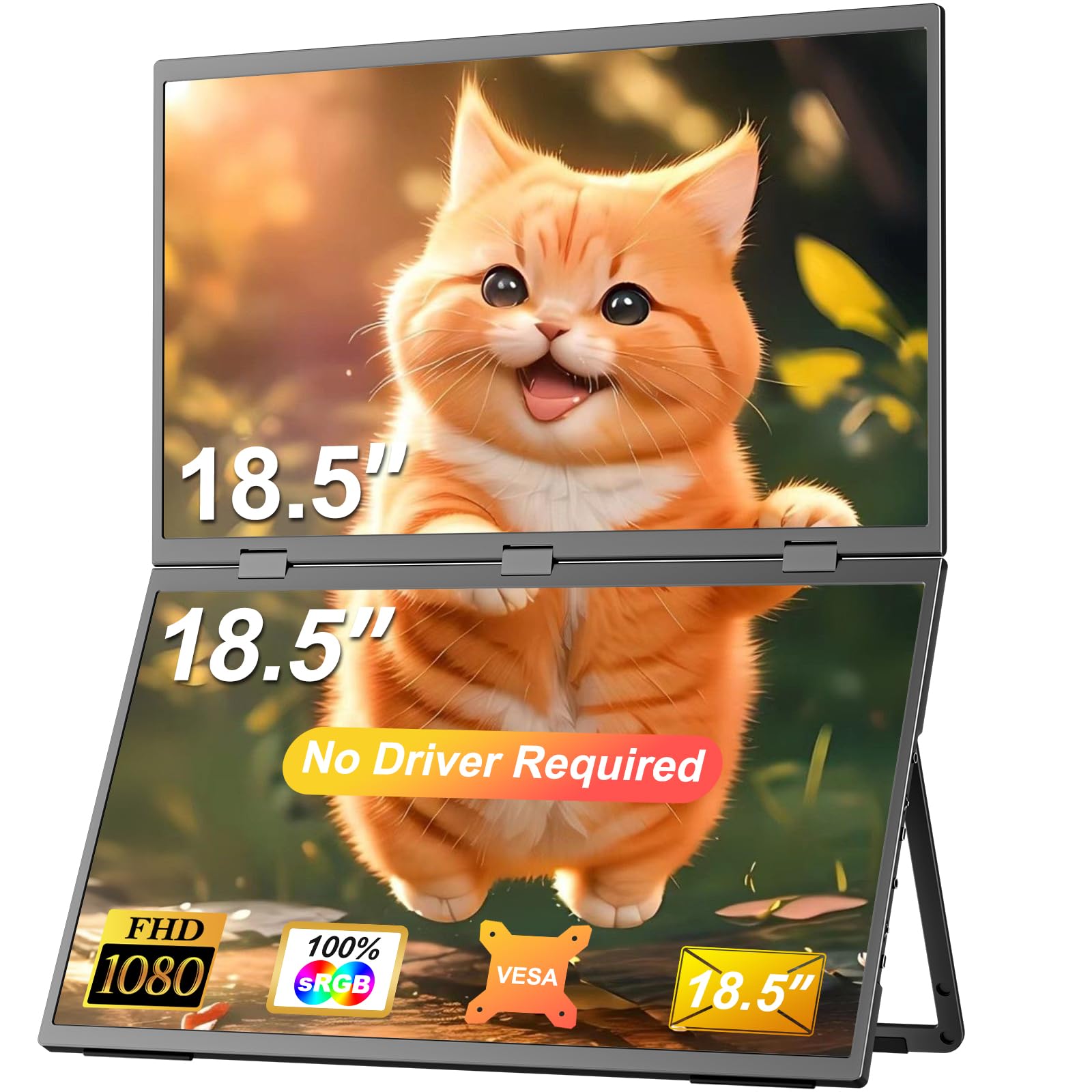 Doppio Monitor Portatile 18.5 Pollici, Pieghevole Schermo Portatile 1080P, Nessun Driver Richiesto, Compatibile con Wins/Mac, con Cavalletto/foro VESA