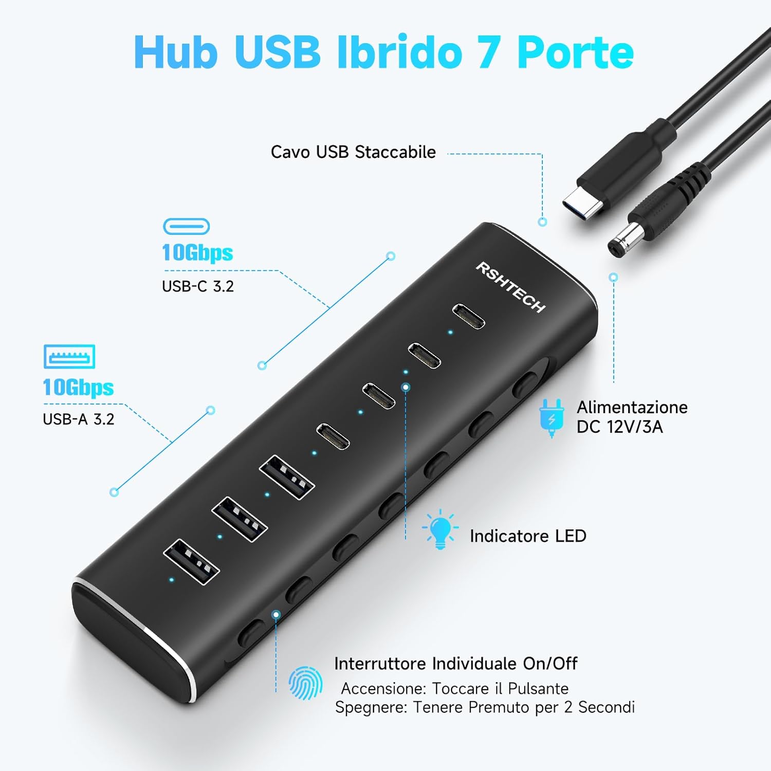 Rshtech Hub USB C Alimentato 10Gbps 7 Porte in Alluminio - immagine 2