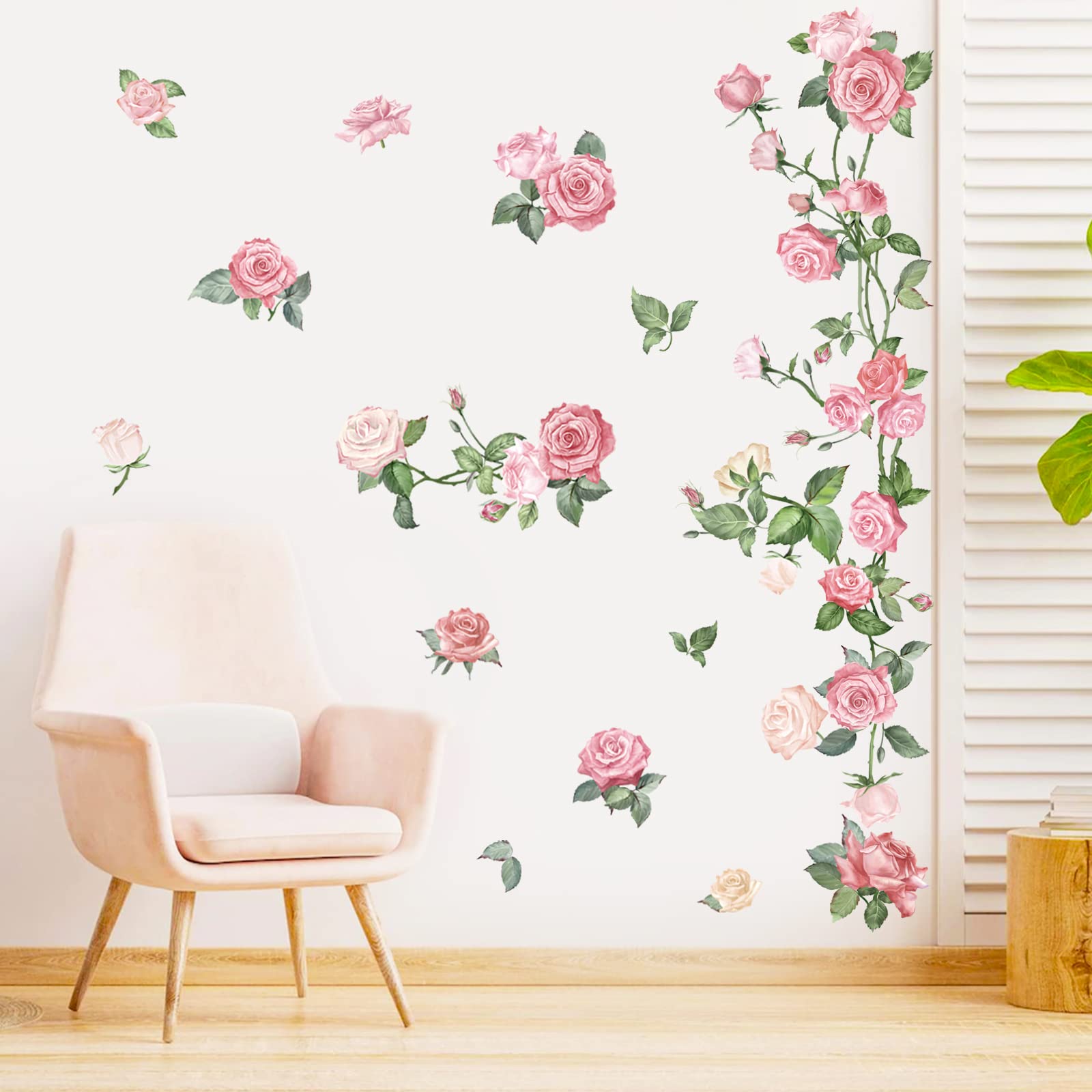 decalmile Adesivi Murali Fiori Rose Rosa Adesivi da Parete Acquerello Rose Fiore Decorazione Murale Camere Ragazze da Letto Soggiorno
