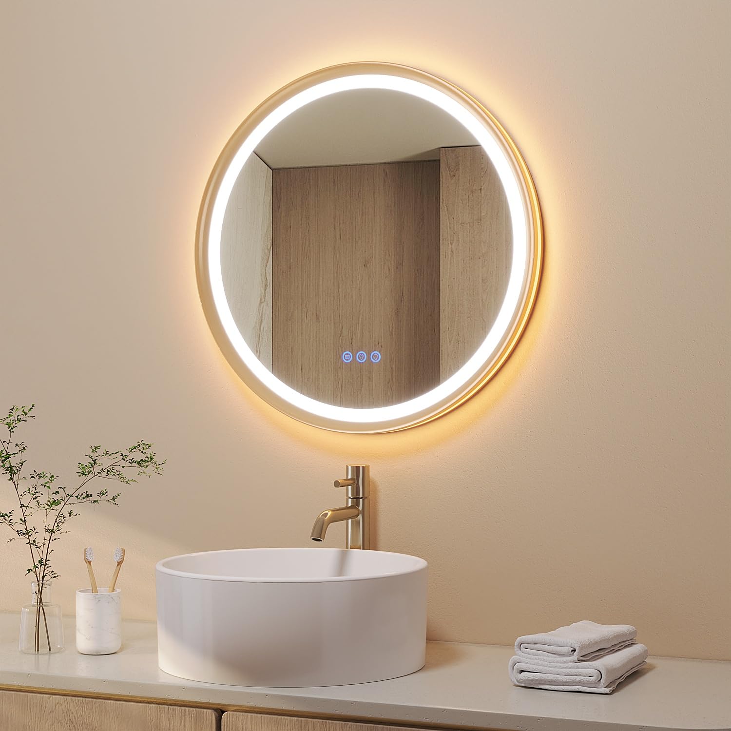 Aquabatos Specchio da bagno rotondo 60cm, Oro Spazzolato