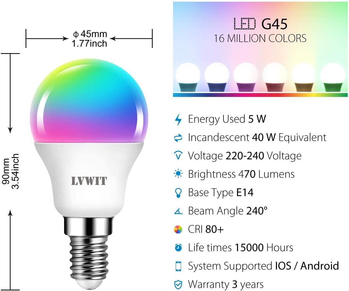 Lvwit Lampadina Smart E14 Wifi G45, 6 Pezzi - immagine 3