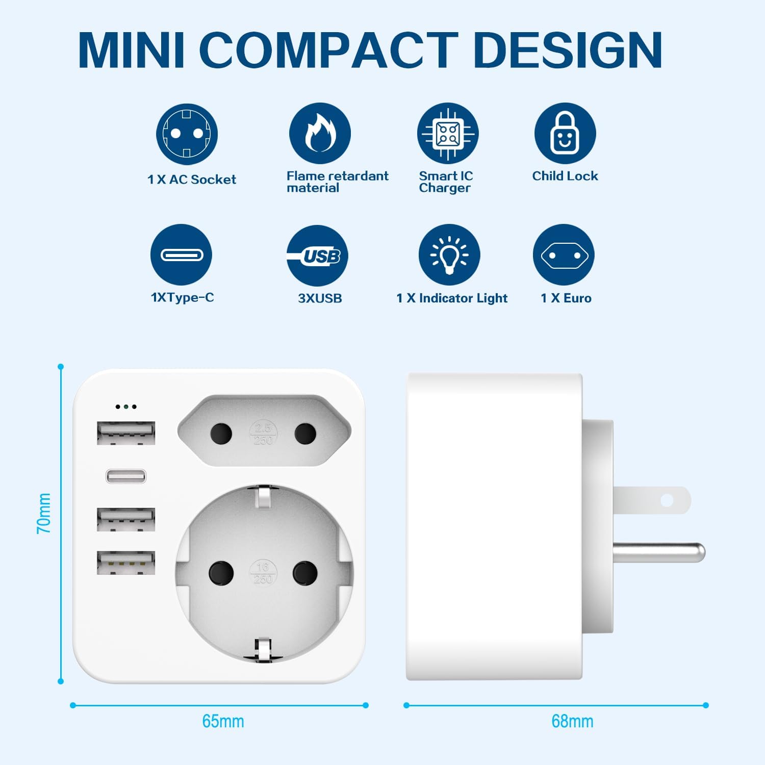 Hanyeal Adattatore Presa Americana 6 in 1 con 4 USB - immagine 3