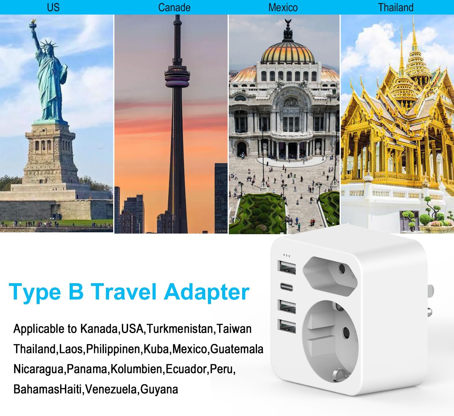 Hanyeal Adattatore Presa Americana 6 in 1 con 4 USB - immagine 4