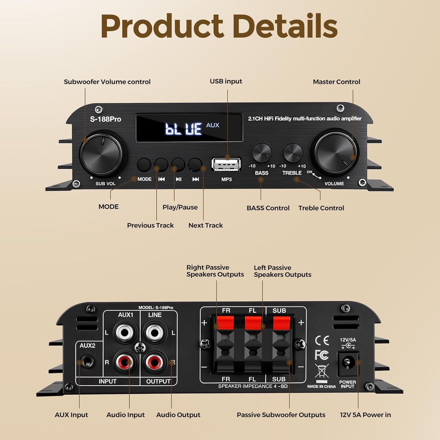 Amplificatore audio stereo 2.1 canali Bluetooth 5.0 - immagine 4