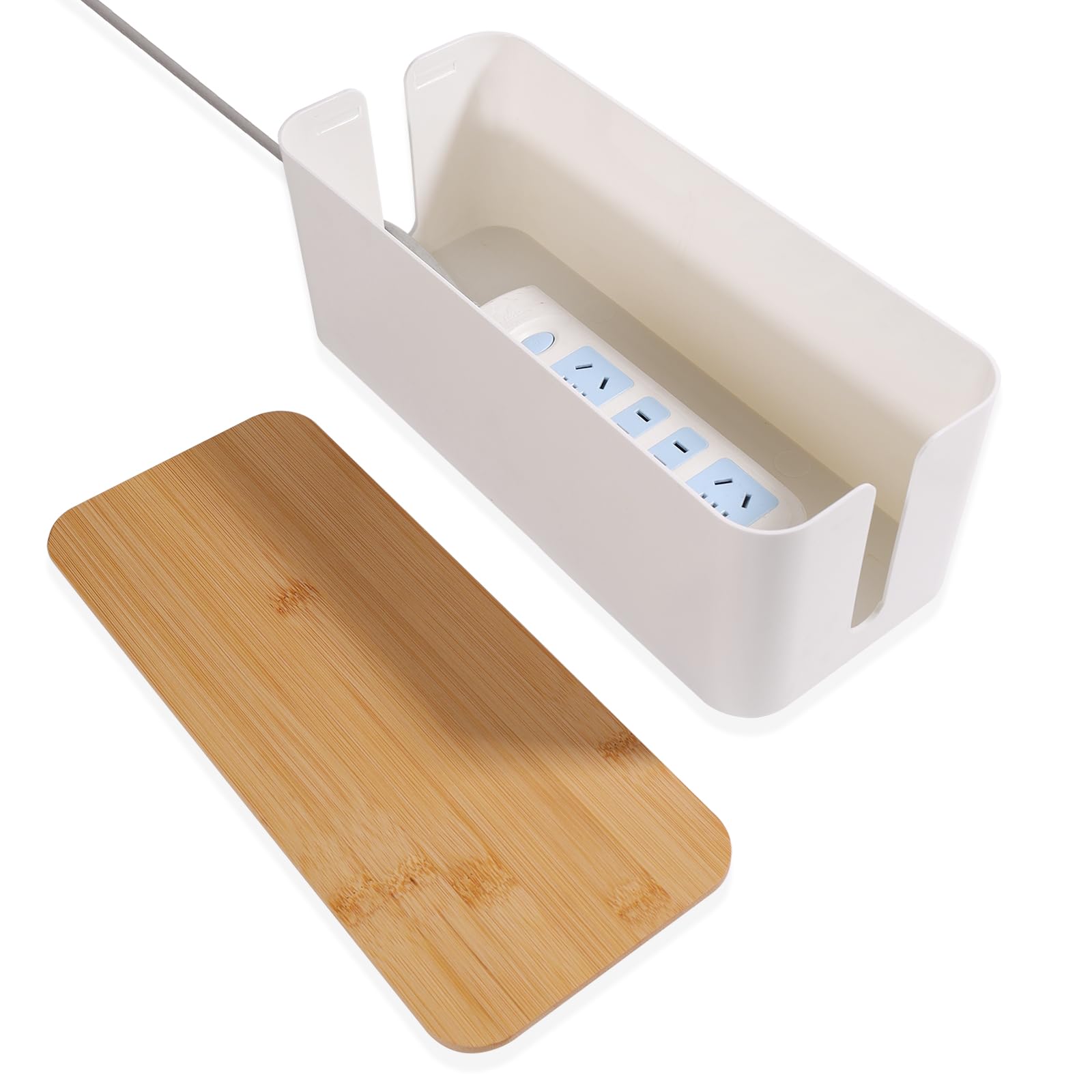 Scatola Portaoggetti Per Cavi con Coperchio in Bambù, Bianco