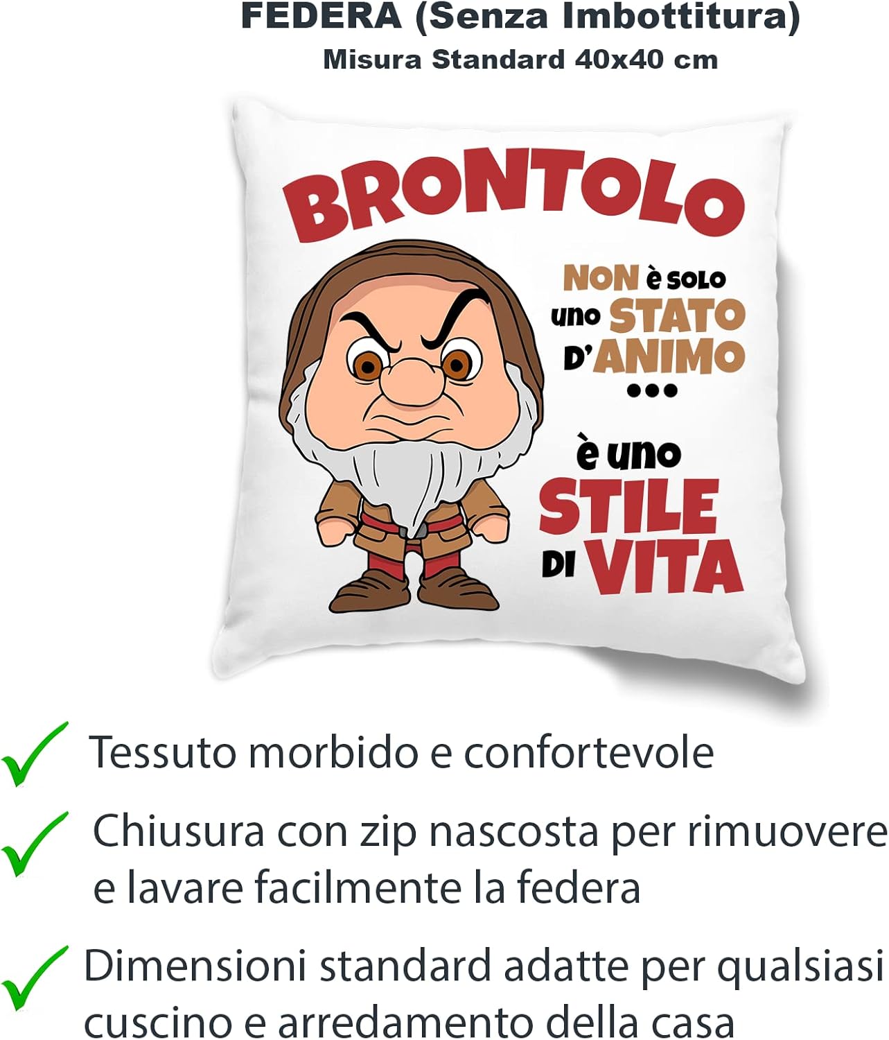 Federa Cuscino Brontolo Sette Nani 40x40 - immagine 2