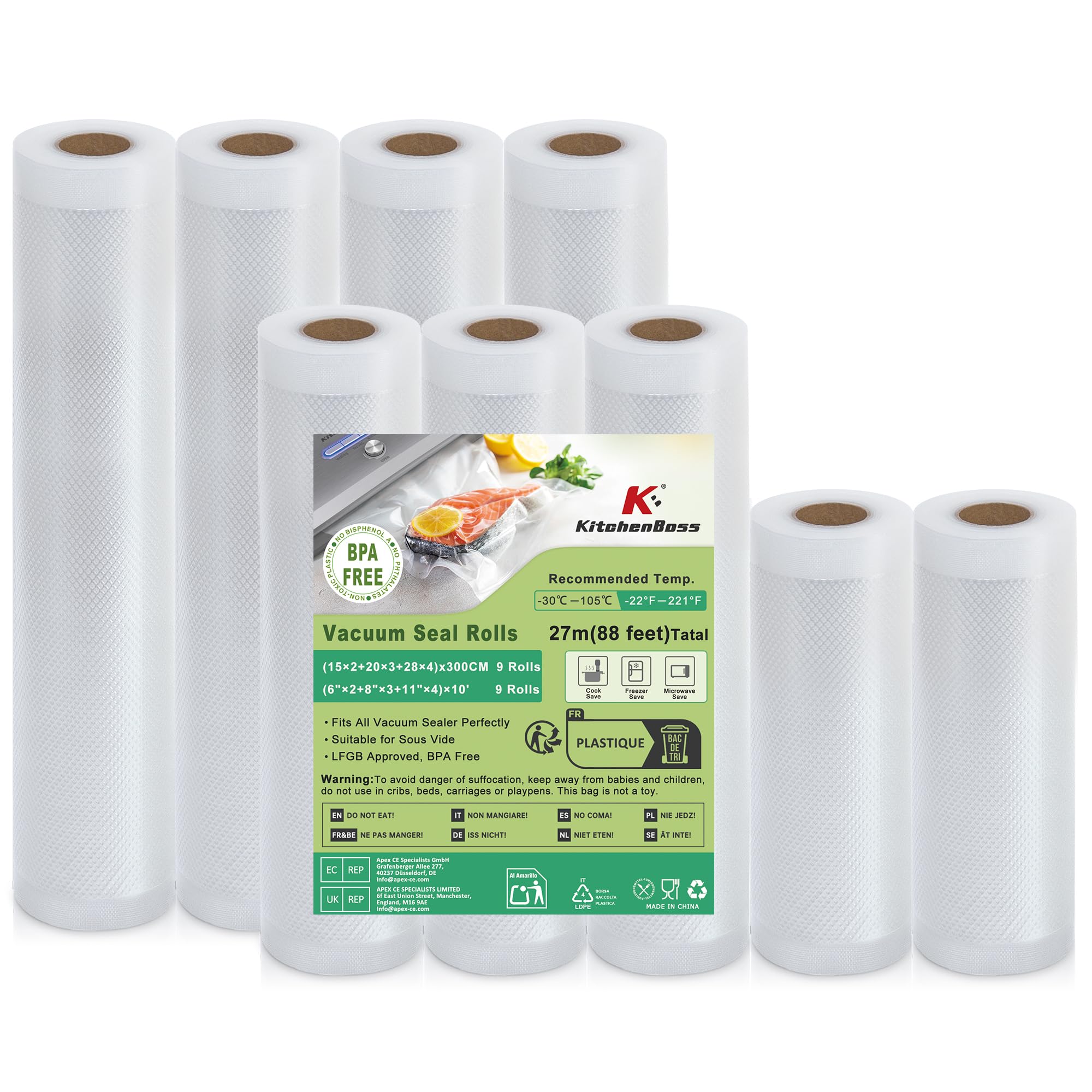 KitchenBoss Buste Sottovuoto Alimenti - 9 Rotoli
