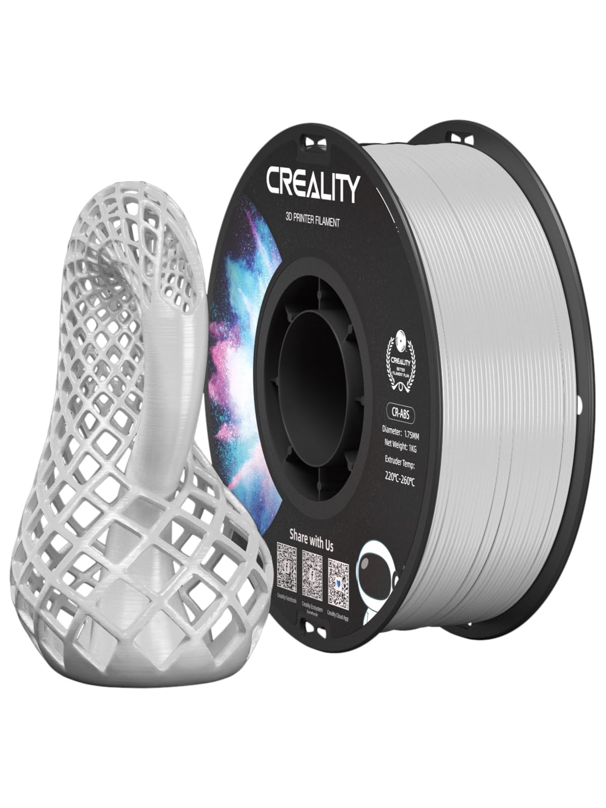 Creality ABS PLA Filamento di Stampa 3D 1,75mm, Eccellente Resistenza, Inodore NON Tossico, Stabilità, Duro, 1kg (2,2 libbre) per Stampante 3D (Bianco)