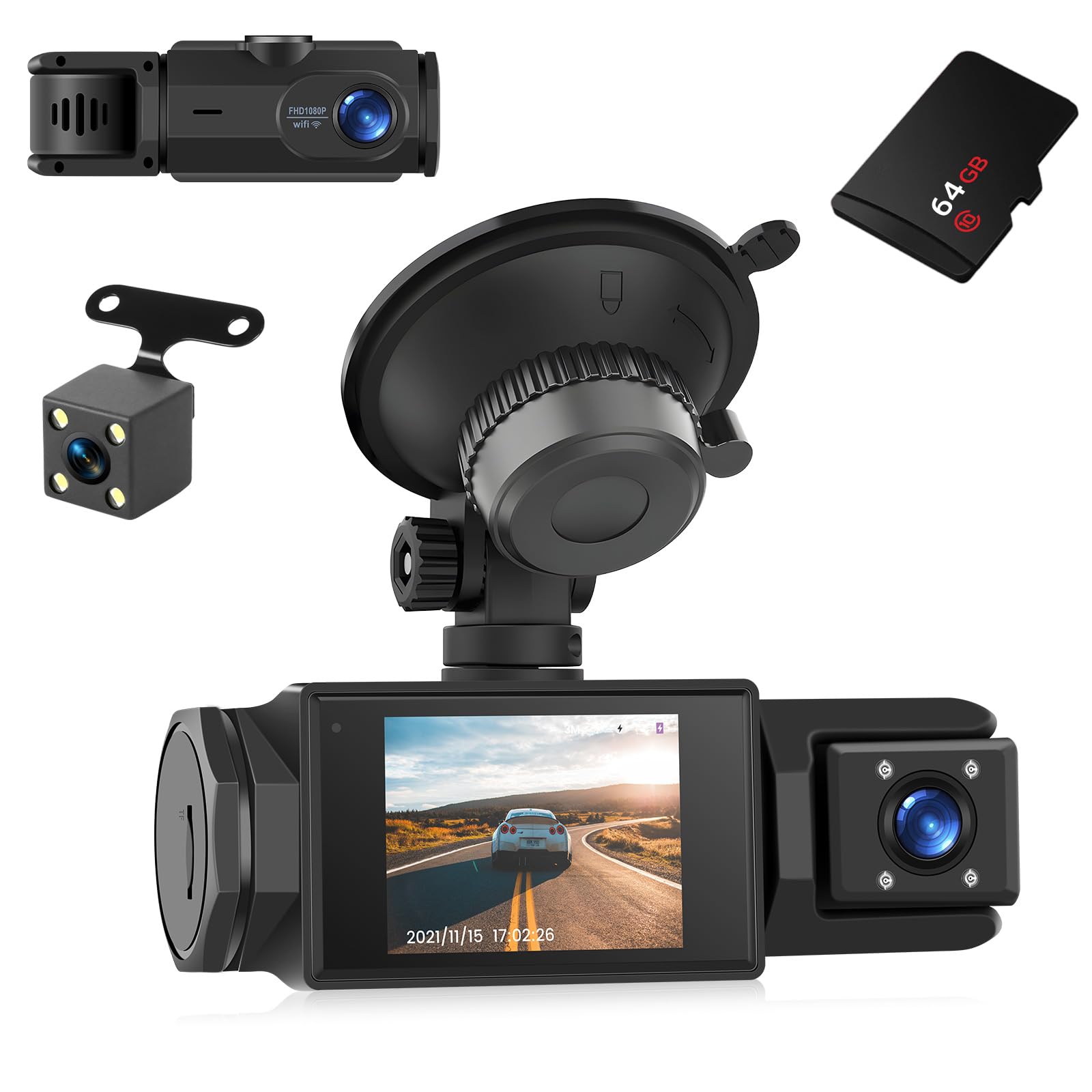 Nhopeew Dash Cam 3 Canali 1080P con Schermo 2 Pollici